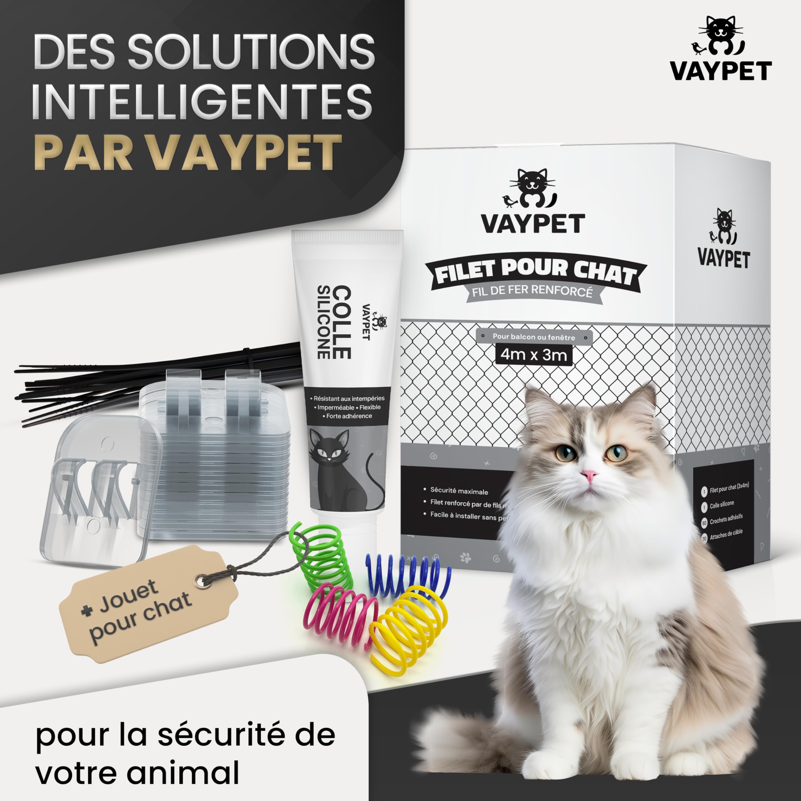 VAYPET® Filet Chat Balcon sans Perçage [4x3m] - Filet Balcon renforcé | Crochets + Colle inclus | Filet résistant aux intempéries | Filet Protection Chat pour Balcon, Fenêtre, Terrasse