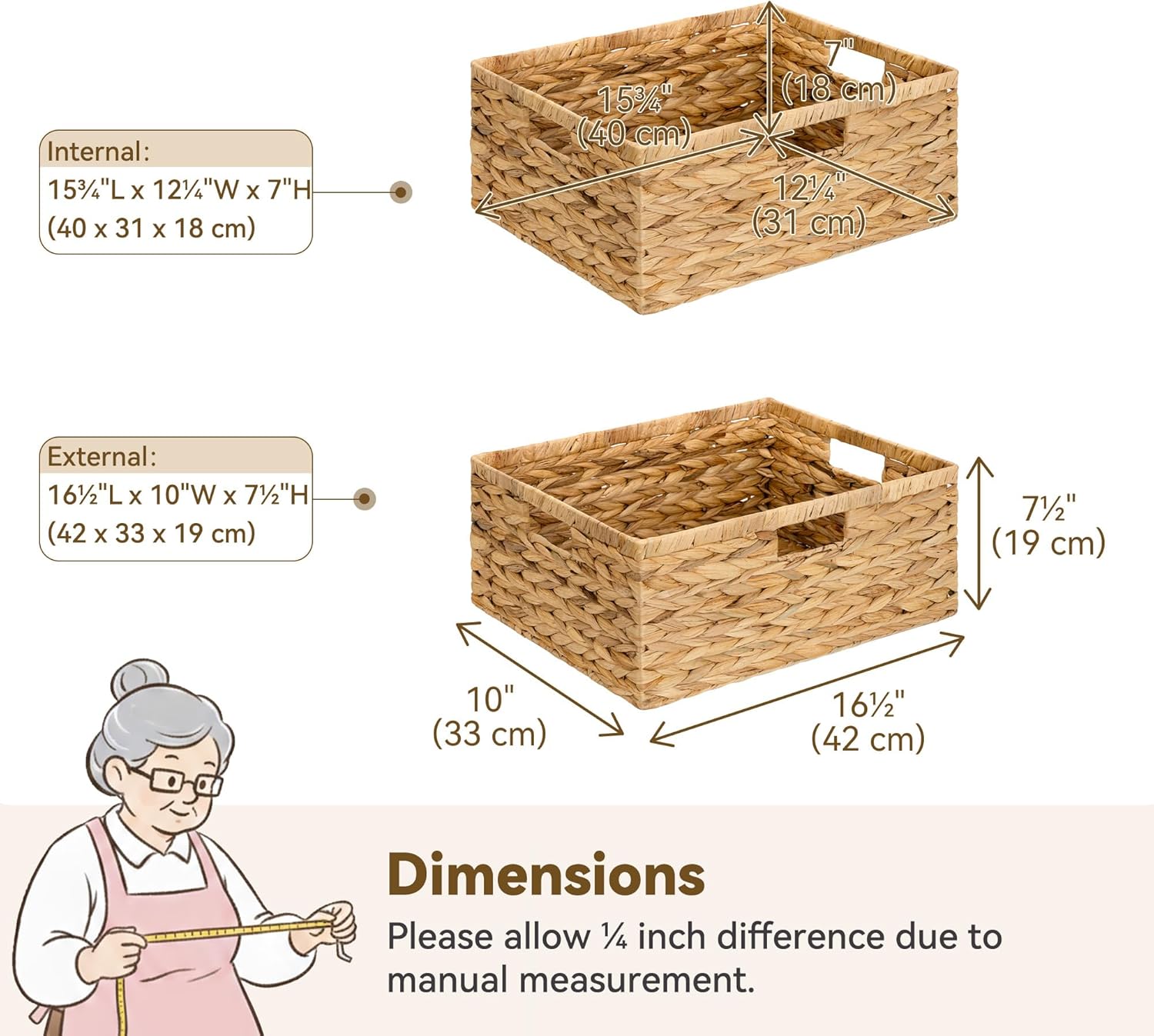 granny says wicker storage baskets for shelves, extra large water hyacinth wicker basket, woven baskets for storage, rectangular shelf baskets with handles for pantry shelves,1-pack 16 ½"l x 13"w x 7 ½"h natural (water hyacinth)