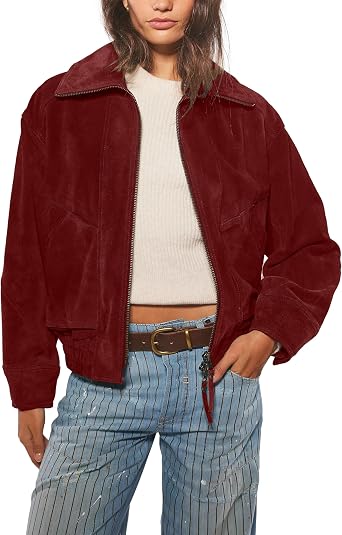 Kumufenc Womens Faux Suede Jacket Fall Trendy Leather Lightweight Jackets Full Zip Up Cropped Clothes