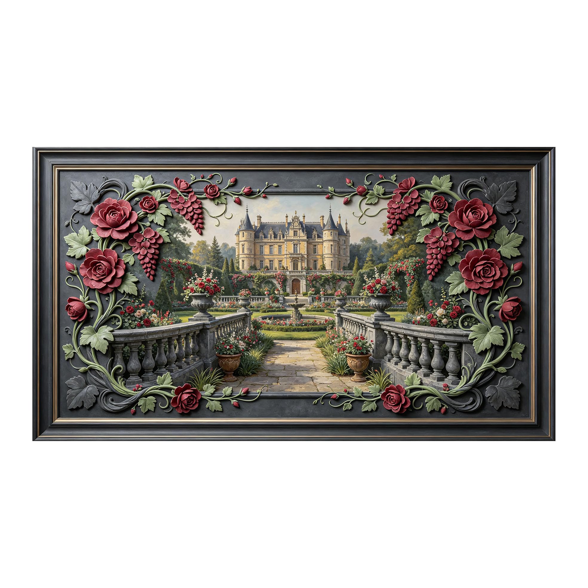 Murasolite 3D Framed Wall Art European Castle Garden Landscape Baroque Floral Relief Effect SelfAdhesive Fabric Mural Wall Decor,No Damage to Wall,AntiFall Safe Design for Bedroom Living Room