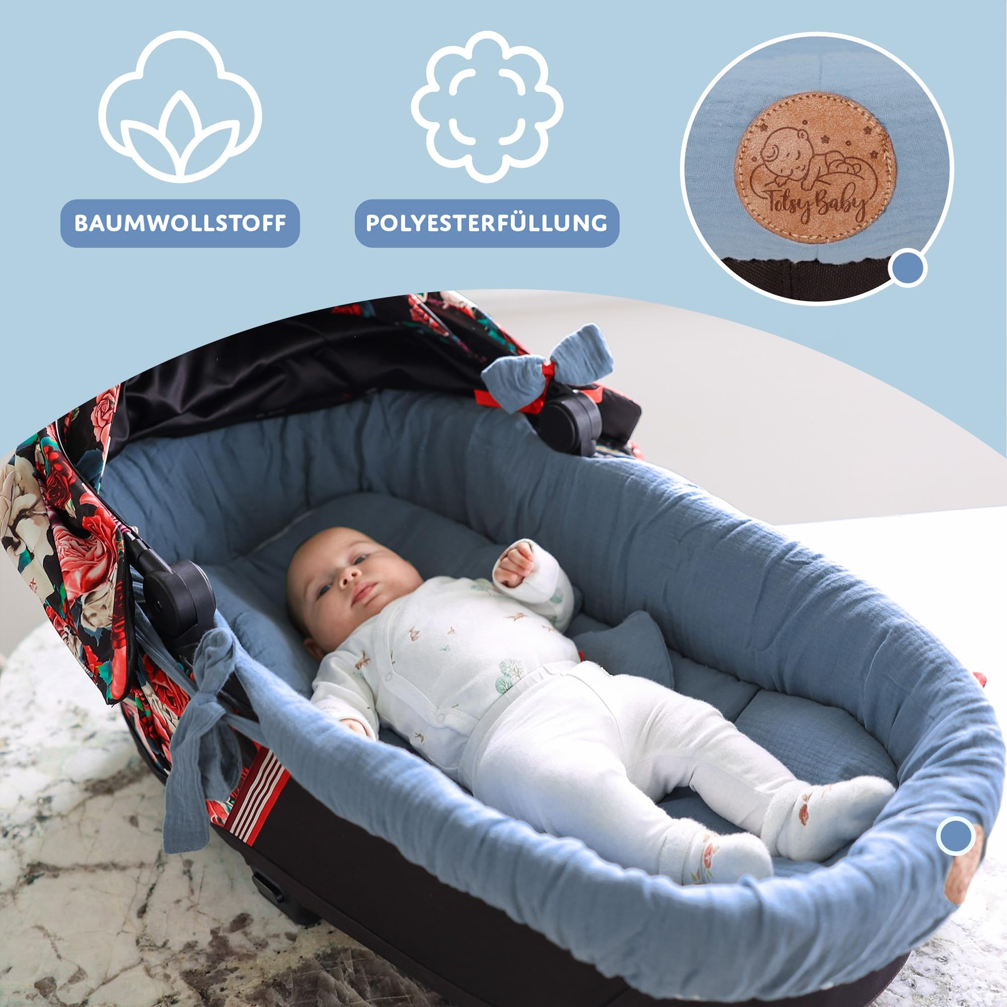 Accessori per passeggino carrozzina mussola neonato Inserto navicella - set 3 pezzi con nido cuscino e materassino cotone morbido materasso Blu