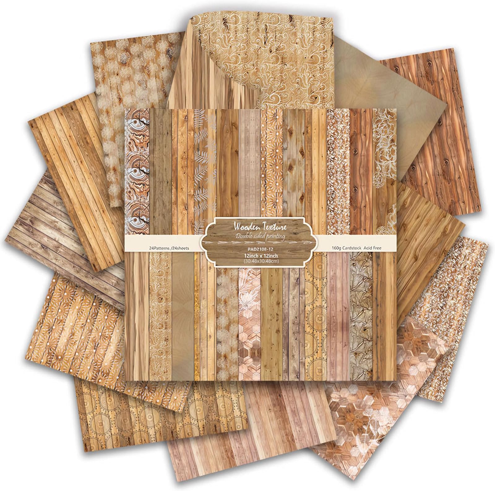 24 Pack Scrapbook Paper 12 × 12 Textured Patterned Paper, Vintage Double-Sided Decorative Craft Papers Scrapbooking Supplies for DIY Card Making Photo Album Journal Decor (Wooden Texture)