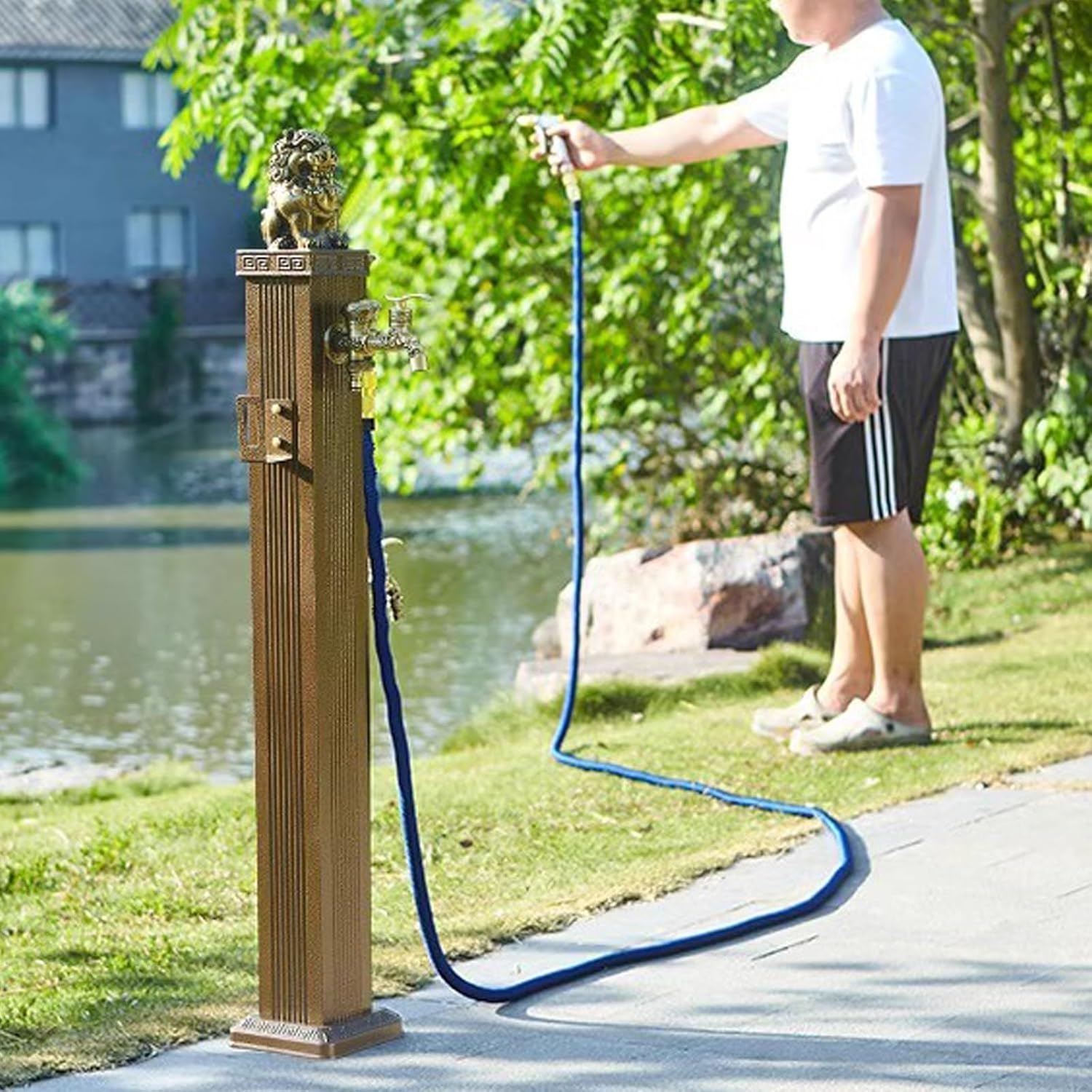 Garden Hose Stand with Spigot - Freestanding Water Column Outdoor Faucet for Courtyards & Parks, 27in Grey Irrigation Solution - Durable & Stylish Watering Accessory