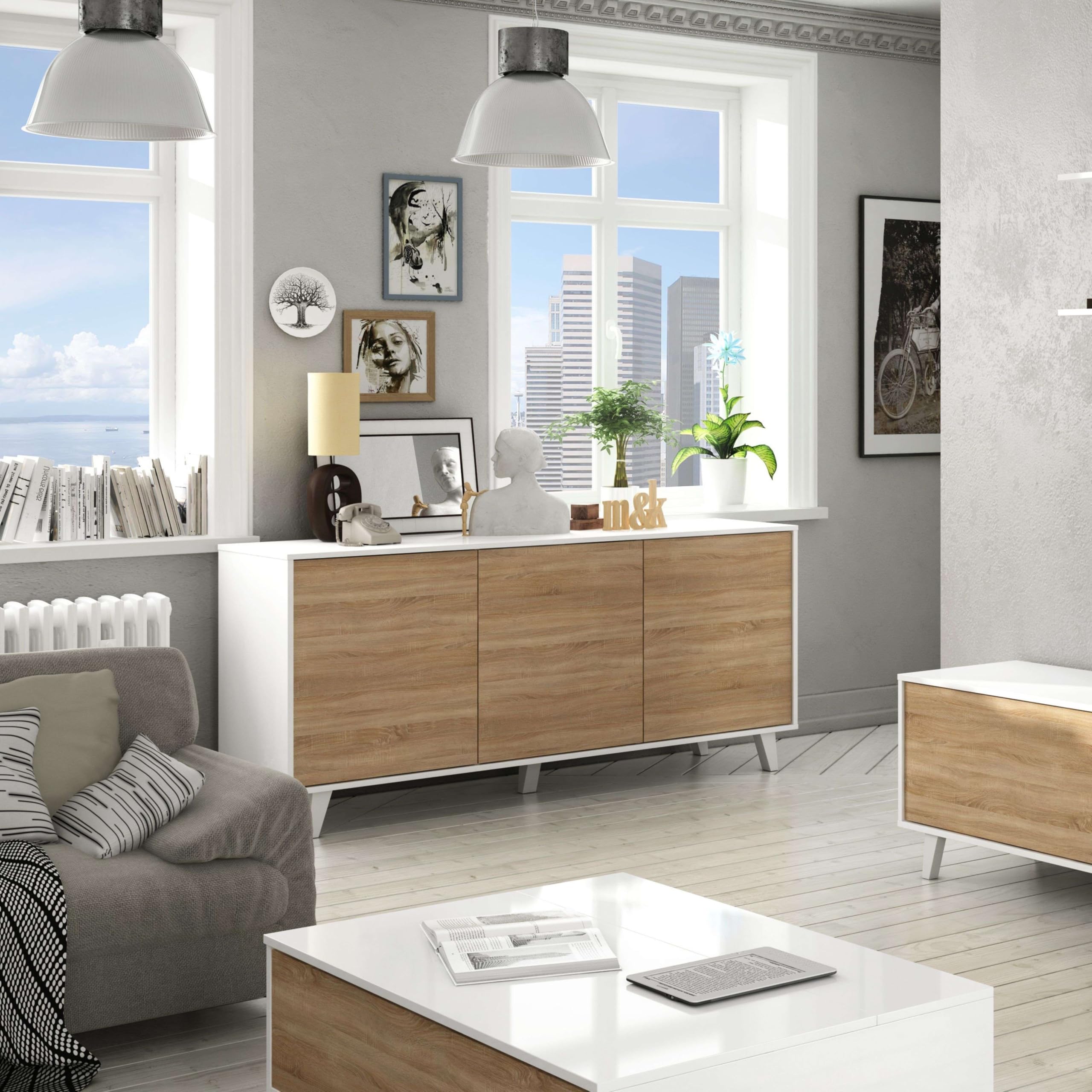 Habitdesign – Aparador Buffet 3 Puertas para Salón o Comedor, Aparador con Patas, Color Blanco Brillo y Roble Canadian, 154x41x75 cm - Zaiken Plus