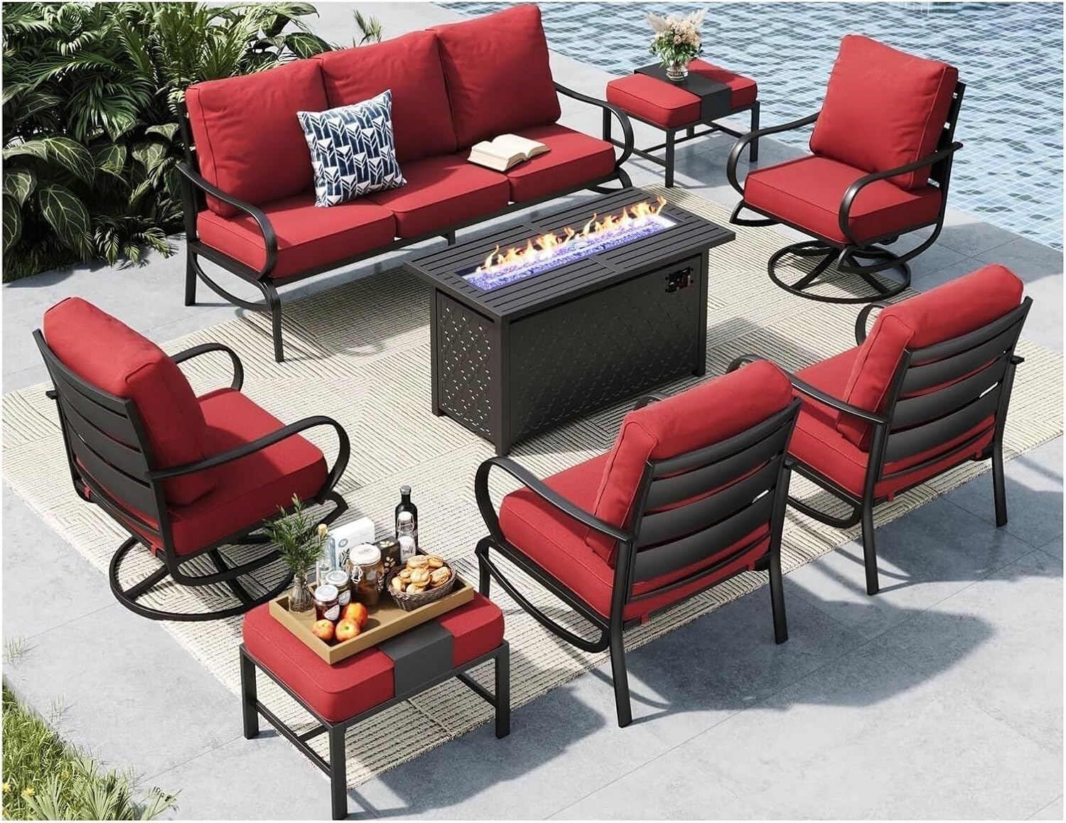 an 8-piece Rotating Chair, with A Metal Frame, Suitable for Use in Gardens and Yards.(Red)