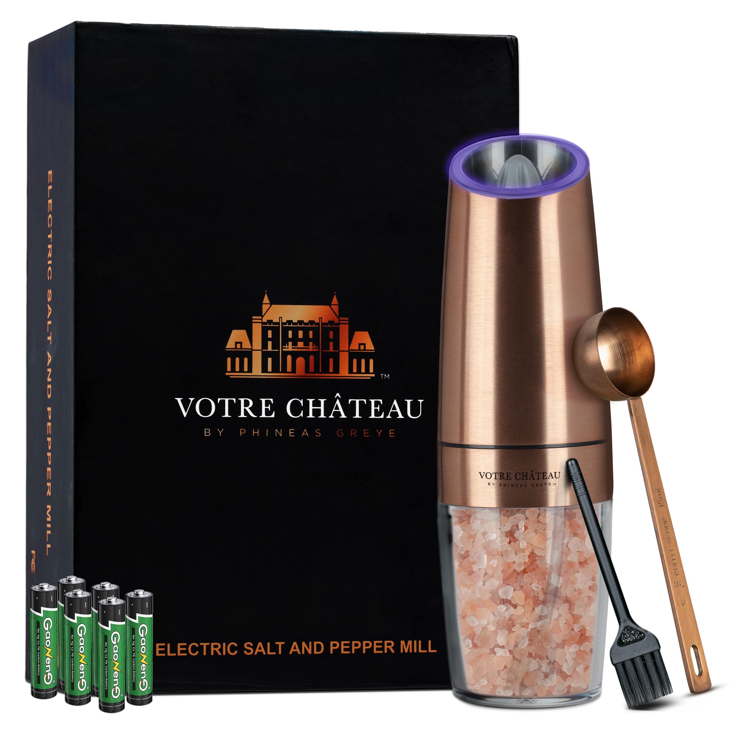 Votre Cha?teau by Phineas Greye Gravity Electric, Batteries Included, Salt and Pepper Grinder Set, with Spice Scoop and Cleaning Brush. Great Gift Idea! (Bronze, Single)