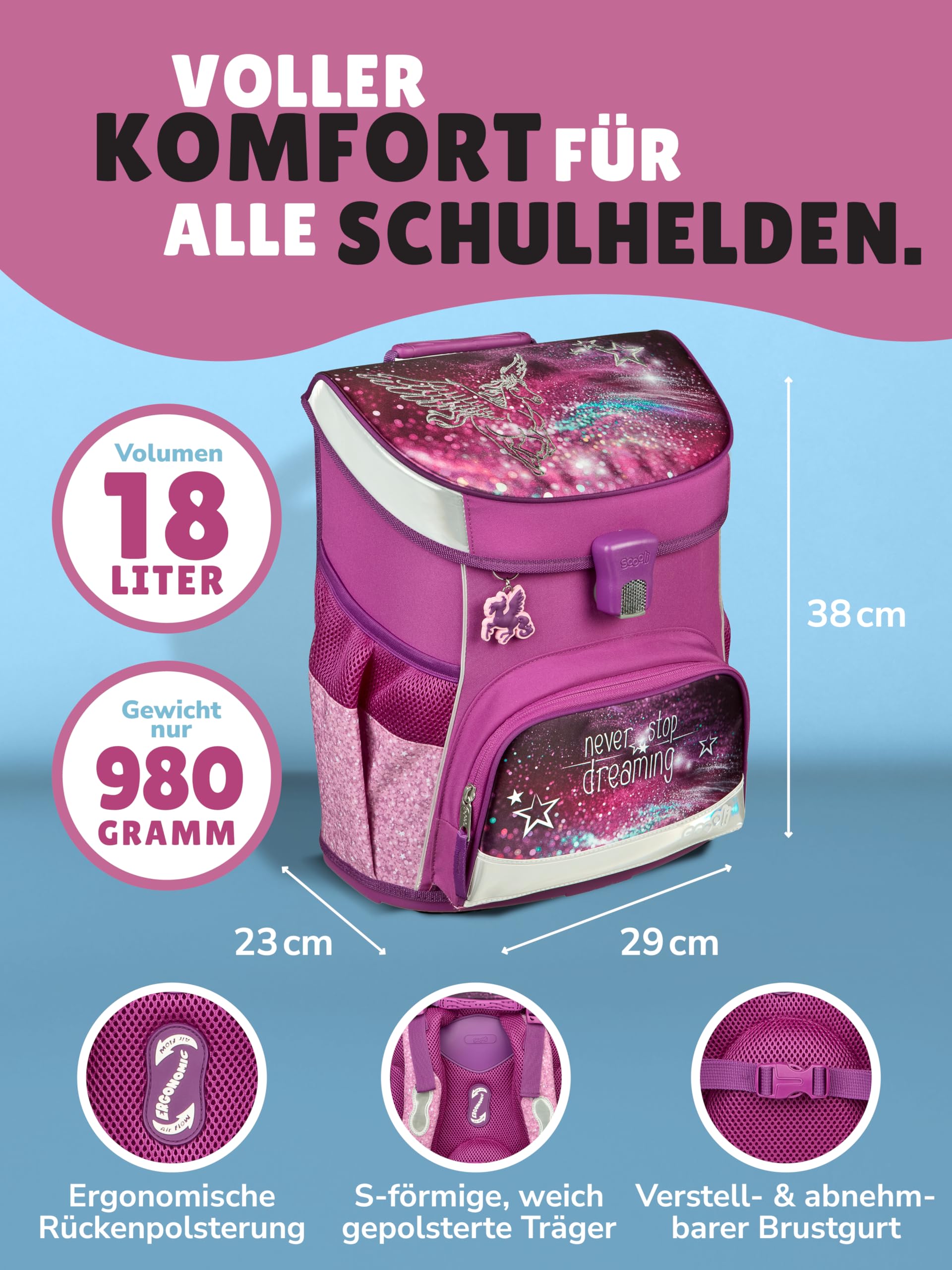 Familando - Scooli Campus Fit Schulranzen Set - 9-teilig mit Sporttasche - Pegasus Violett - Ergonomisch, Stabil & 980g leicht - 18L Volumen - Brustgurt & Reflektoren - Für Grundschule ab 1. Klasse