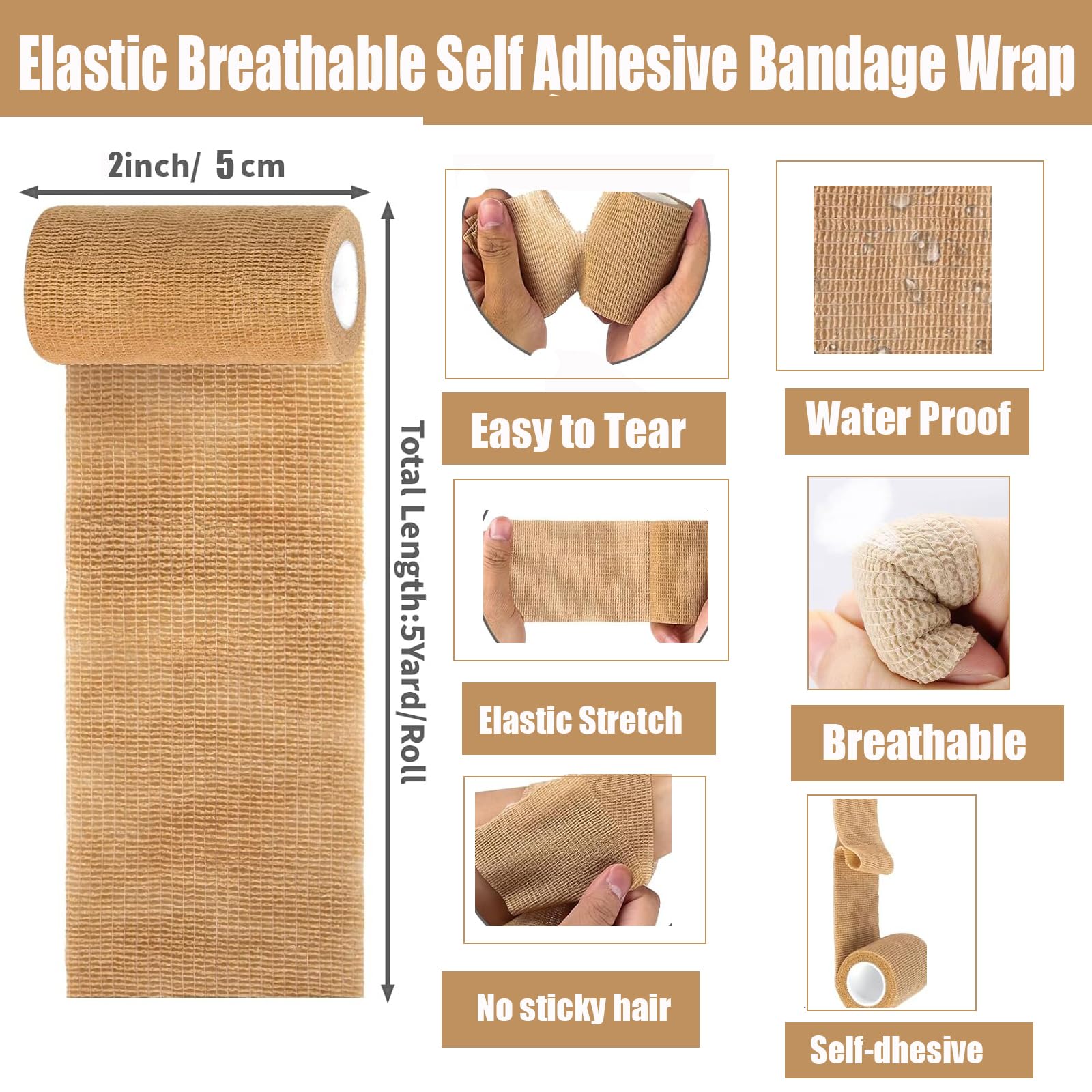 Selbstklebender Verband, 5cm x 4.5m Pflaster Rolle Verbandsmaterial, 60 Rollen Elastische Binde Bandage Fixierbinde Haftbandage Selbstklebend für Sport, Finger Hand Zehen Füße, Katze Hund Pferd (Tan)