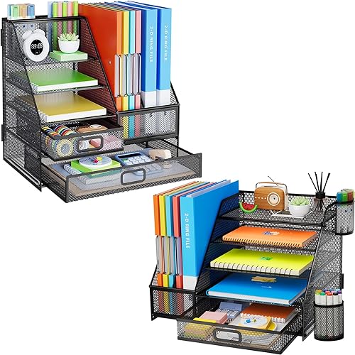 Marbrasse Organizador de escritorio con 2 soportes para archivos y 2 organizadores de cajones + organizador de bandeja de papel de 5 niveles con