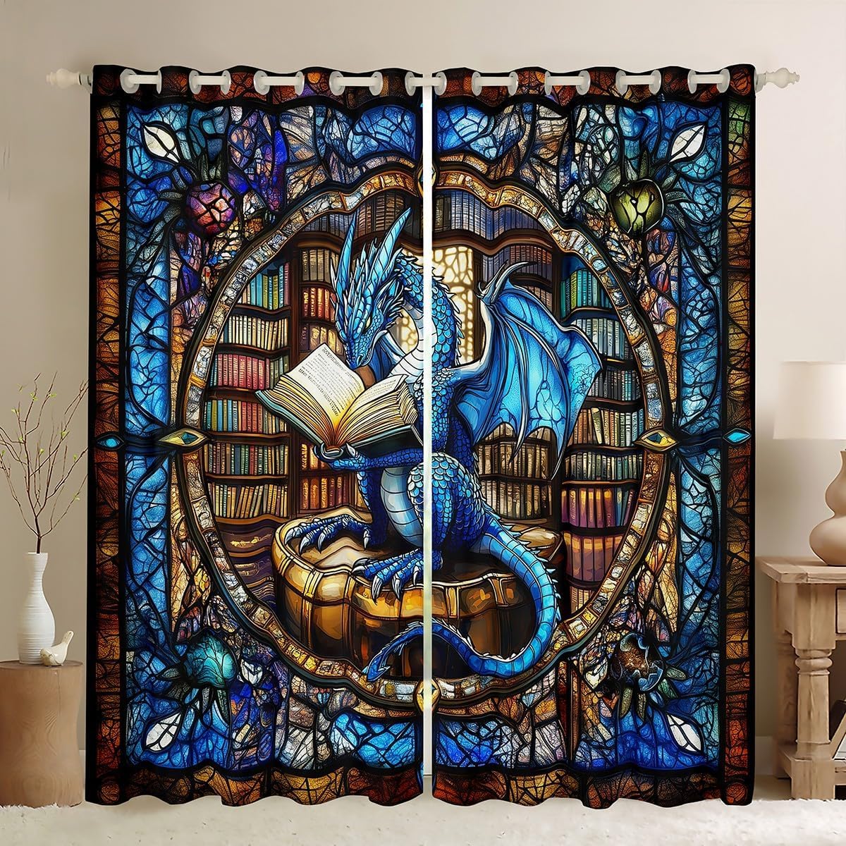 Westlicher Drache Fenstervorhänge, L Größe Blauer Drache Lesebucherregal Gute Schattierung Heimdekor Geometrische Patchwork Retro Fenstervorhänge 2 Panels,Guter Schattierungseffekt