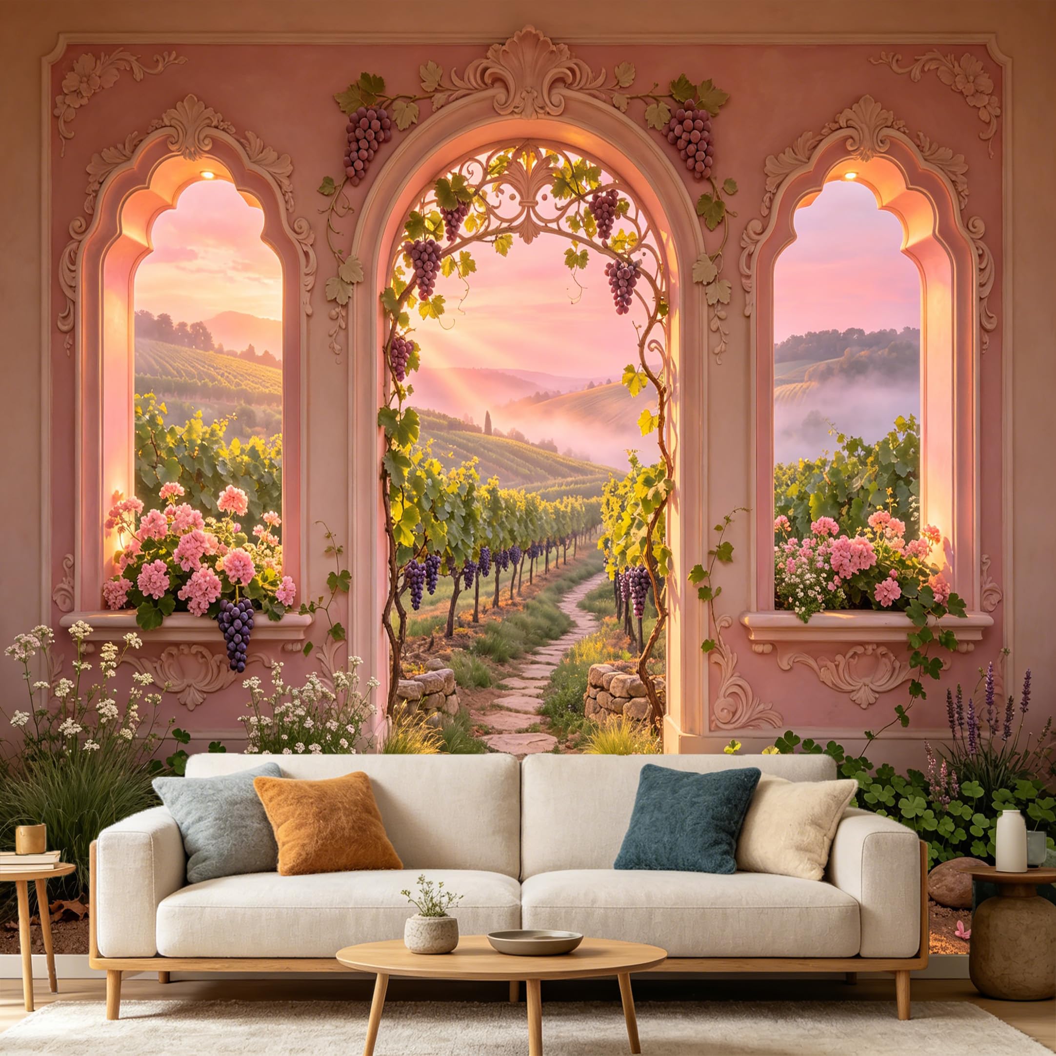 Custom Size Wall Mural， 3D Vineyard Archway Tuscany Landscape Oil Painting， SelfAdhesive Art Prints wall Fabric Removable Large Wallpaper Home Living Room Decor， Aesthetic Wall Art