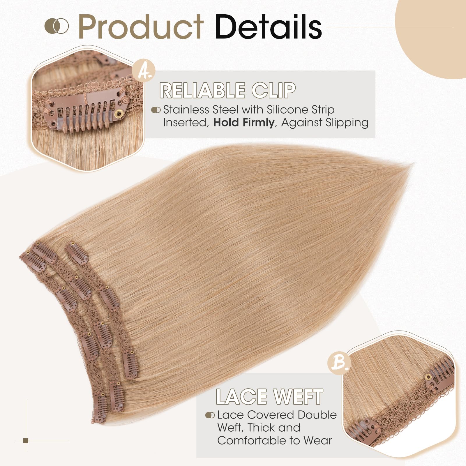 Elailite Real Hair Extensions Clip In Human Hair Remy #27 Dark Blonde Double Weft Seamless Hairpieces Straight 22 Inch (86 g) 86g 3 Pieces - Image 3