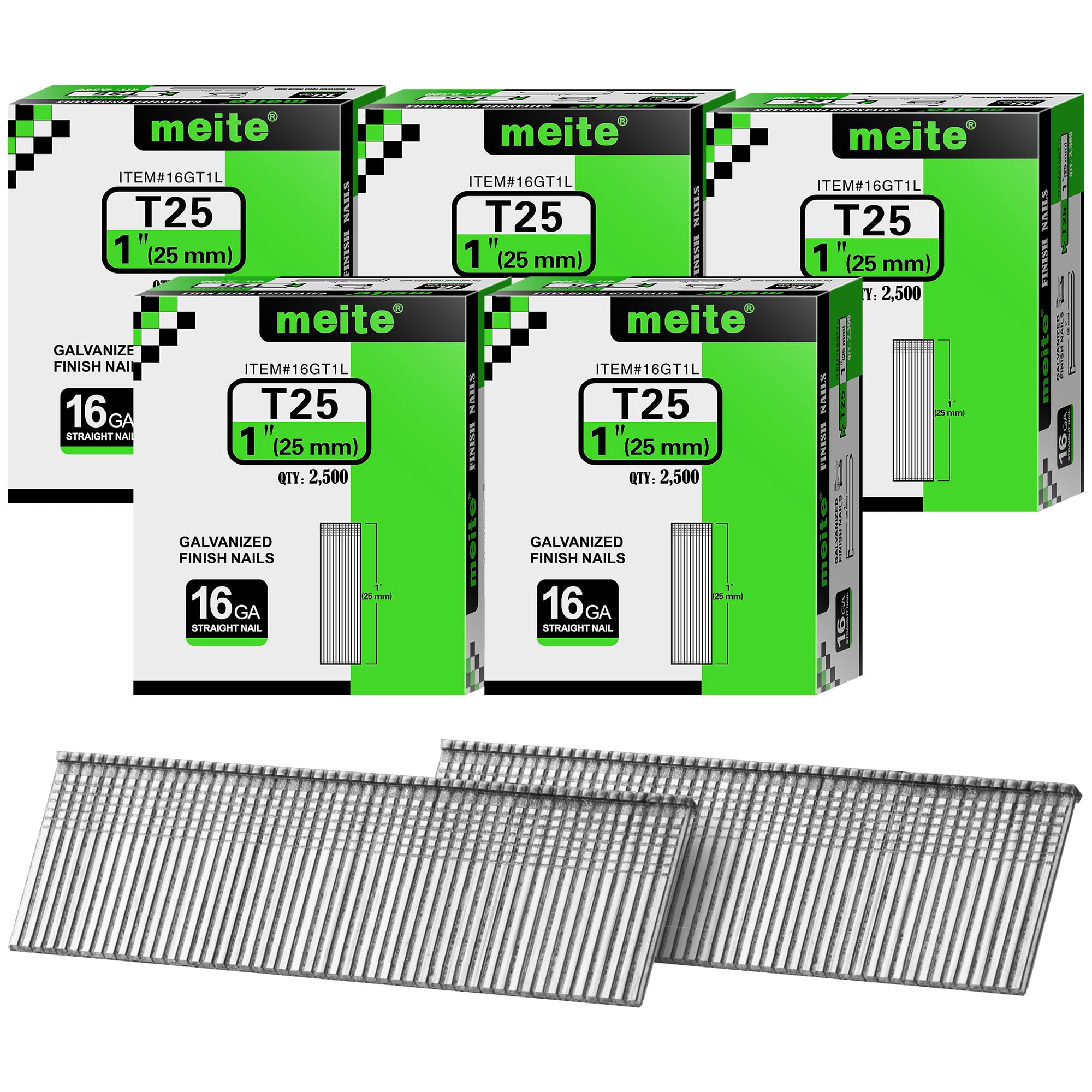 meite 16 Gauge Finish Nails 1 Inch Galvanized Straight T-Nails 12,500PCS