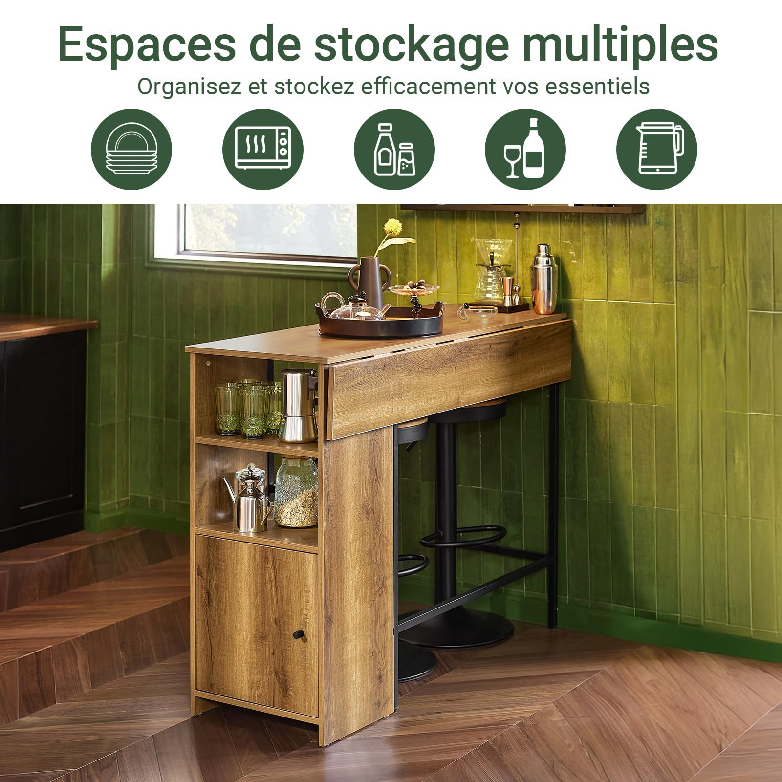 SoBuy Table Haute de Cuisine avec Plateau Extensible – Mange Debout pour Petits Espaces, Table de Salle à Manger Moderne, Bar pour Cuisine, Salon ou Bar à Café 120 × 45/63 × 95cm, FWT98-PF