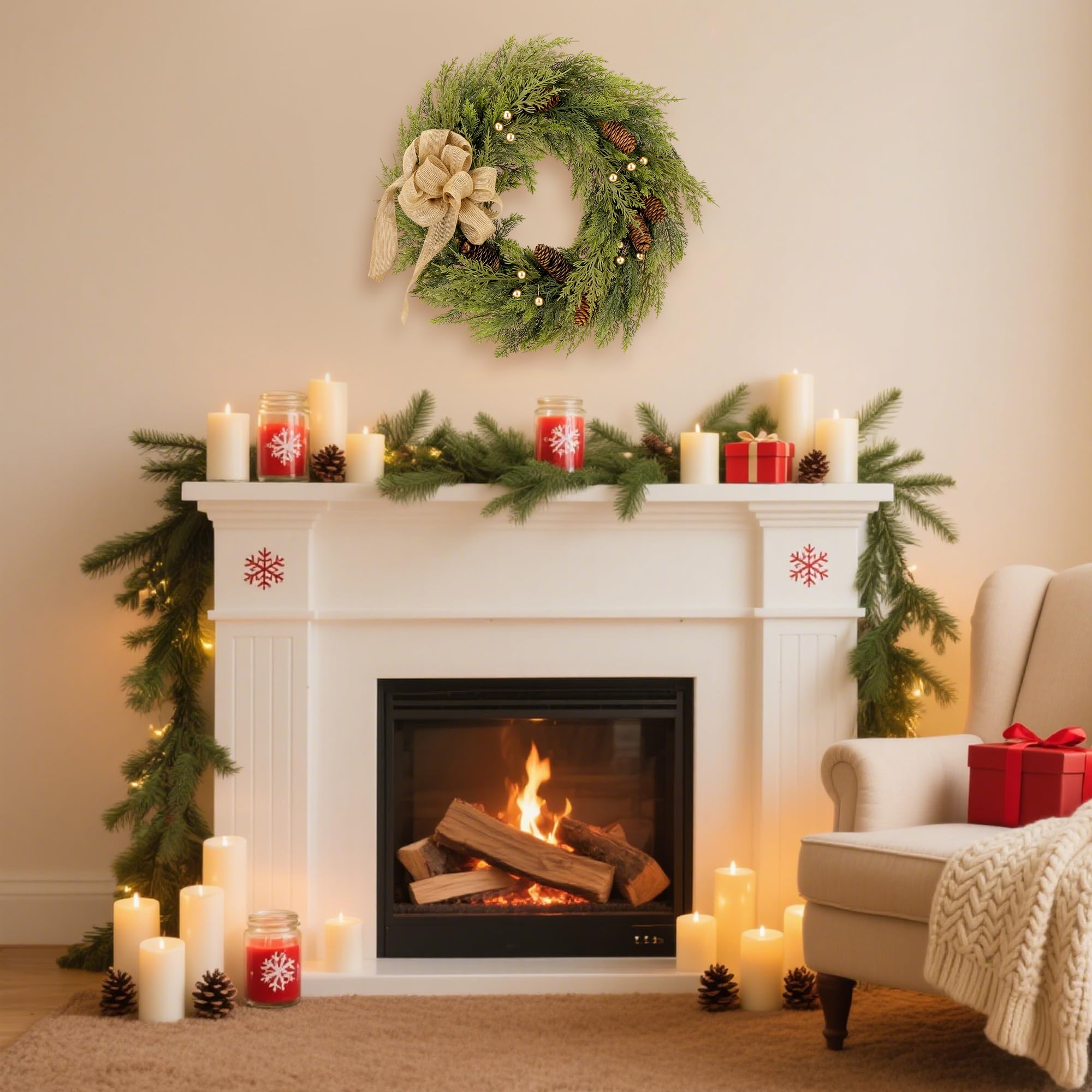Zavothy 2PCS Türkranz Weihnachten 50 cm, Weihnachtskranz, Künstlicher Kranz mit Tannenzapfen und Weihnachtskugeln, Adventskranz, Weihnachtsdeko, Haustür Dekoration, Grün