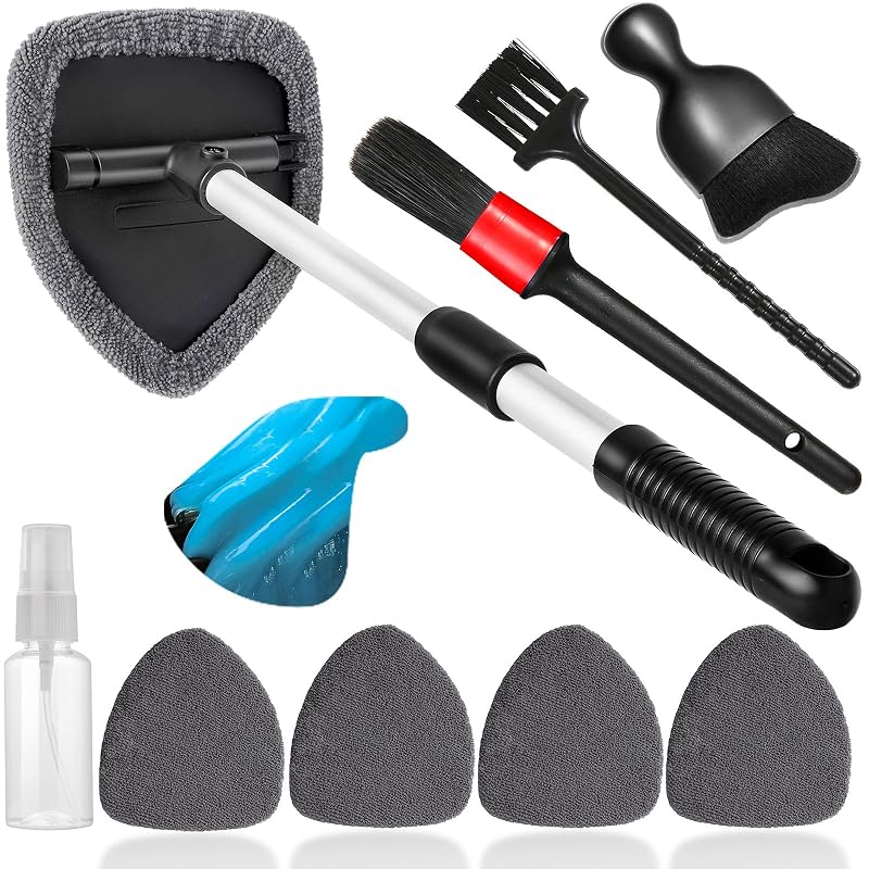 Qydipclin Kit de Limpeza de Para-brisa e Interior Automotivo com Cabo Extensível Cinza, 10 peças
