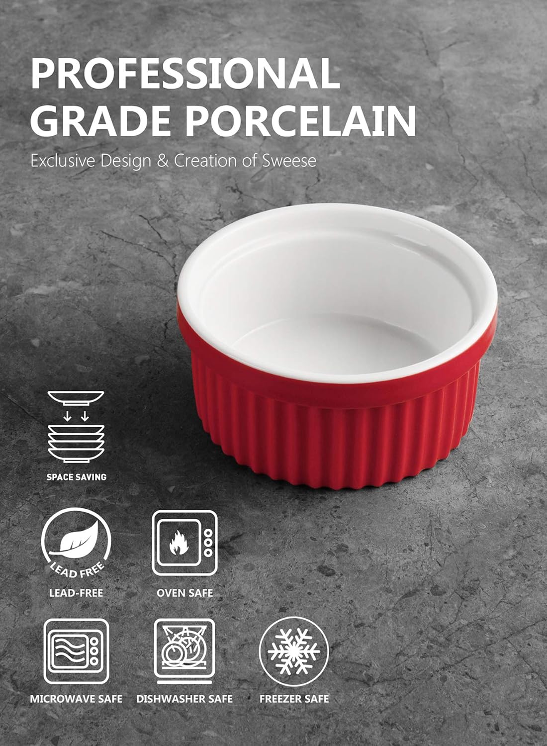 Sweese 503.404 Porcelain Ramekins for Baking - 12 Ounce Souffle Dish - Set of 4, Red