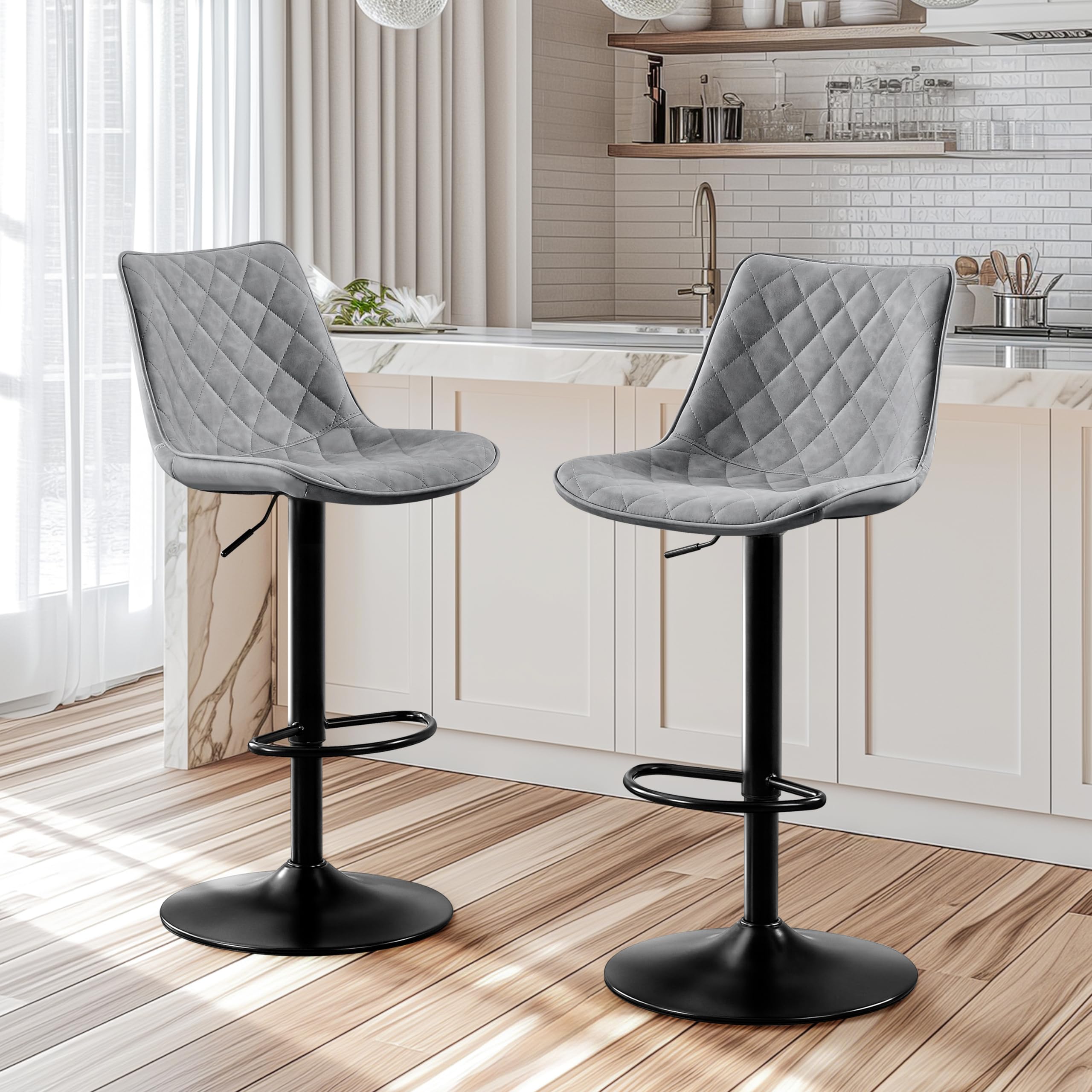 STOOLINK Lot de 2 Chaise Bar, Tabourets de Bar en Cuir Microfibre, Siège Bar avec Repose-Pieds, Tabouret Bar Réglable en Hauteur, Tabouret Comptoir Convient pour Bar, Cuisine-Gris