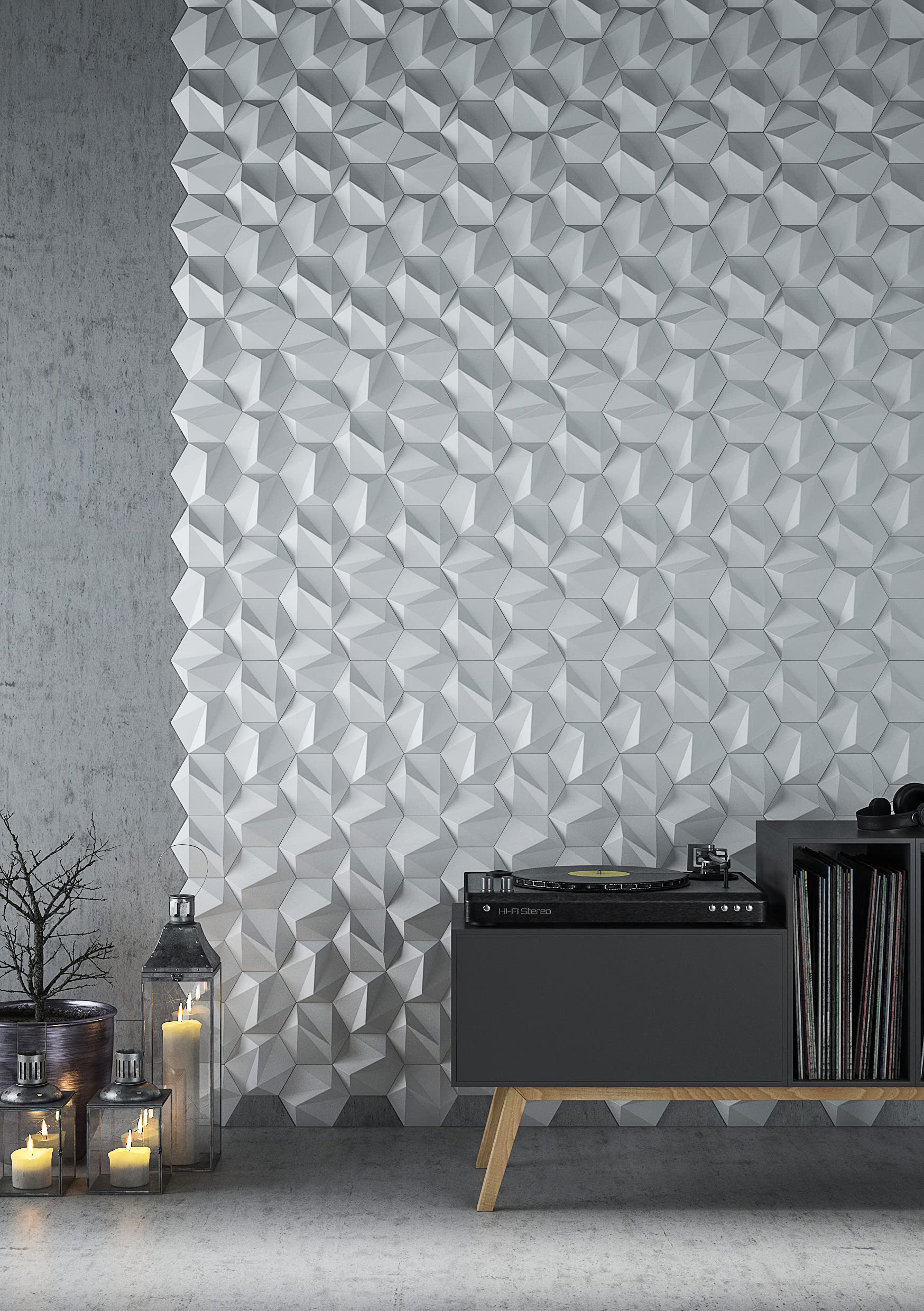 Panel ścienny 3D, Zeta, system paneli ściennych, płytki dekoracyjne, zestaw 54 płytek (Biały)