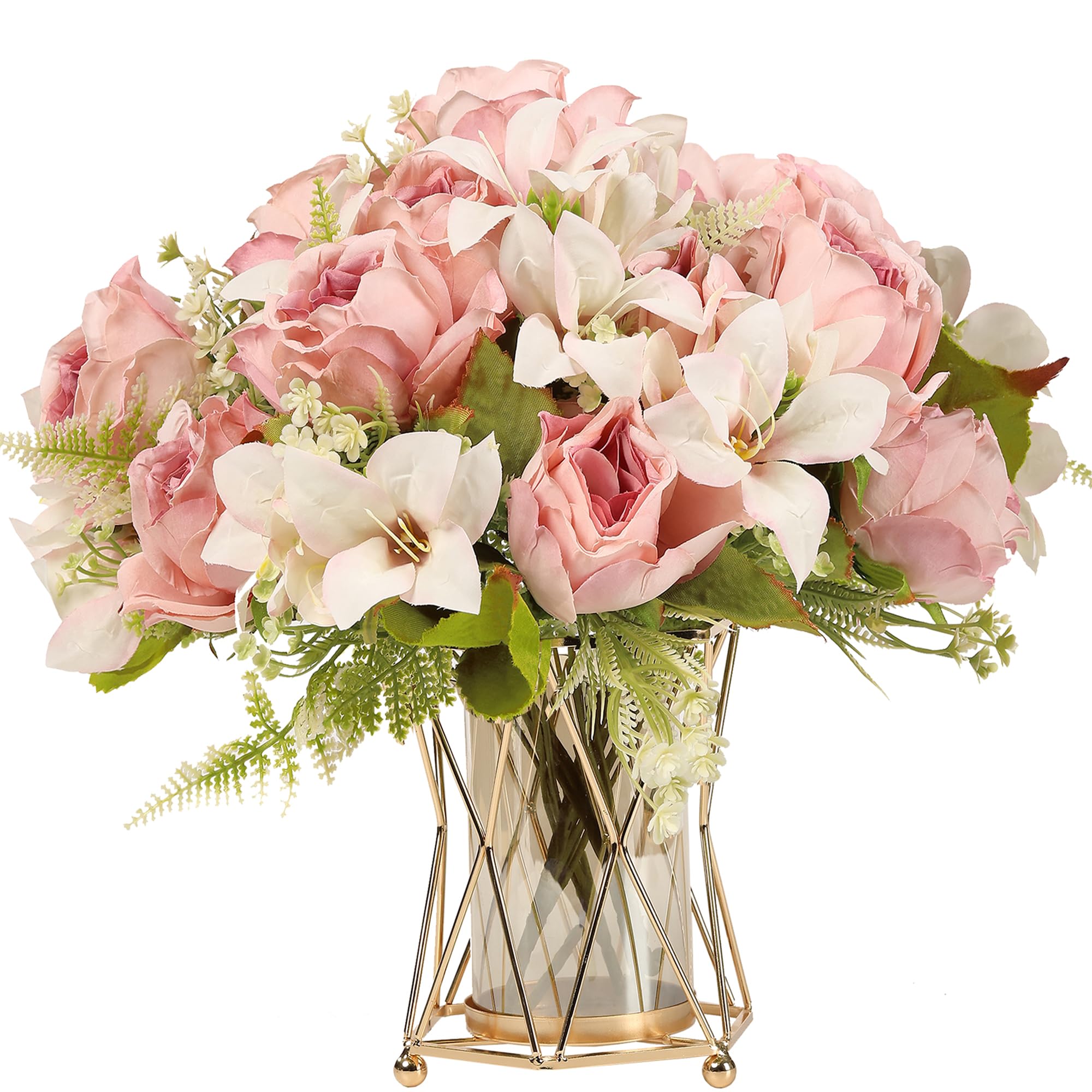 Artifolia 4 Bunches Pink Flowers Artificial Rose Silk Lily Fake Flowers Bouquet for Home Wedding Party Decoration (Pink)