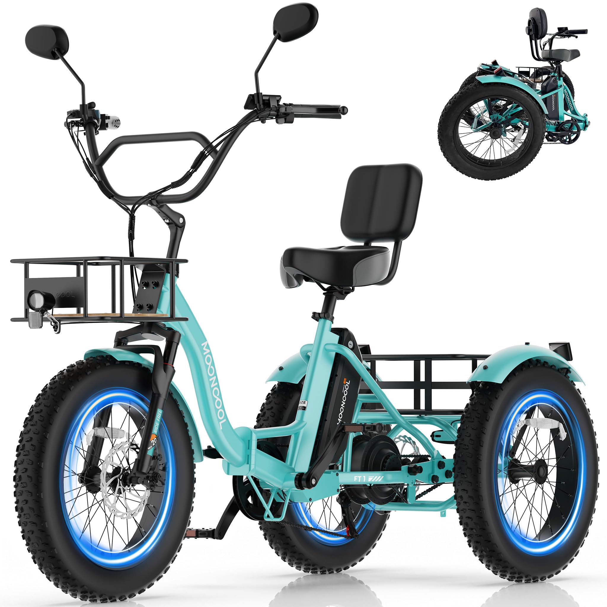 MOONCOOL Electric Trike for Adults, 20" Fat Tire 7 Speed Folding Tricycle