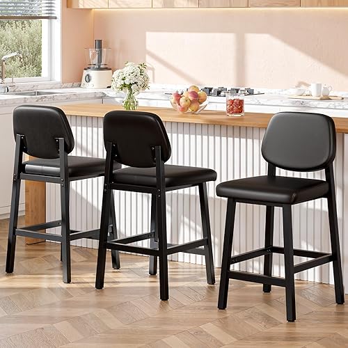 Miniatura 12 de Juego de 2 taburetes de bar de altura de mostrador, taburetes de bar tapizados de 26 pulgadas para cocina, mostrador, sillas de bar de cuero