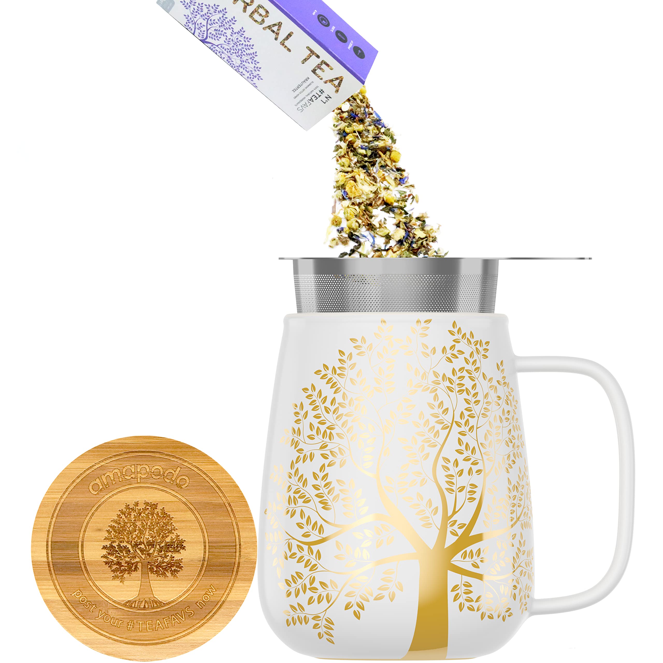 amapodo Teetasse mit Deckel und Sieb - 600ml Porzellan Tee Tasse groß - Jumbotasse - XXL Tea Cup Set Weiß - plastikfrei