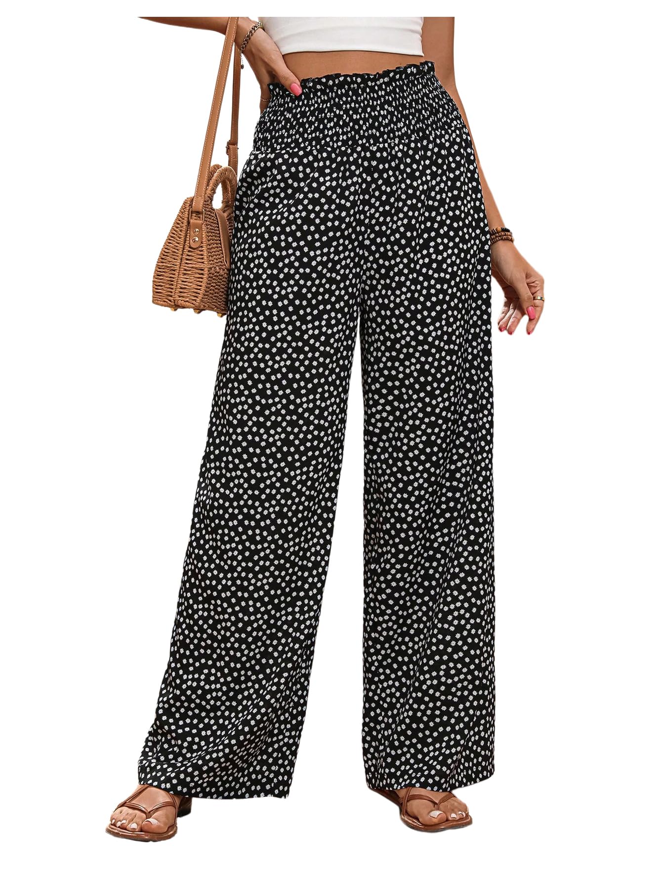 Floerns Womens Floral Wide Leg Pants High Waist Flowy Casual Palazzo Pants with Pocket