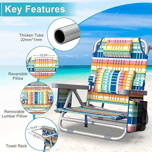 Miniatura 3 de Suteck Silla de playa, mochila ajustable de 5 posiciones, sillas de playa para adultos y niños, silla plana plegable con bolsa enfriadora,