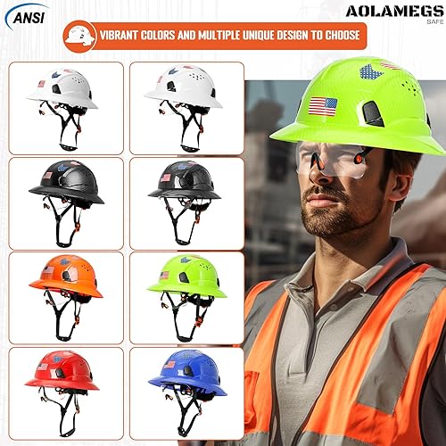 Miniatura 9 de Aolamegs Safe Casco duro de ala completa con diseño de fibra de carbono verde lima con visera, construcción ventilada, aprobado por la OSHA para