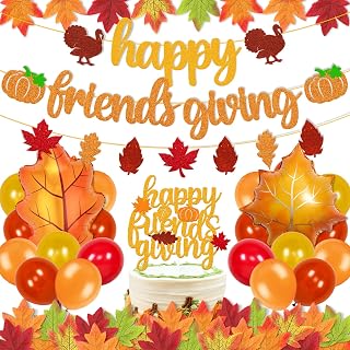 Happy Friendsgiving Decorations Happy Friendsgiving Banner Thanksgiving Cake Topper Fall Maple Leaves Autumn Balloons for Thanksgiving Day Theme Party Decorations