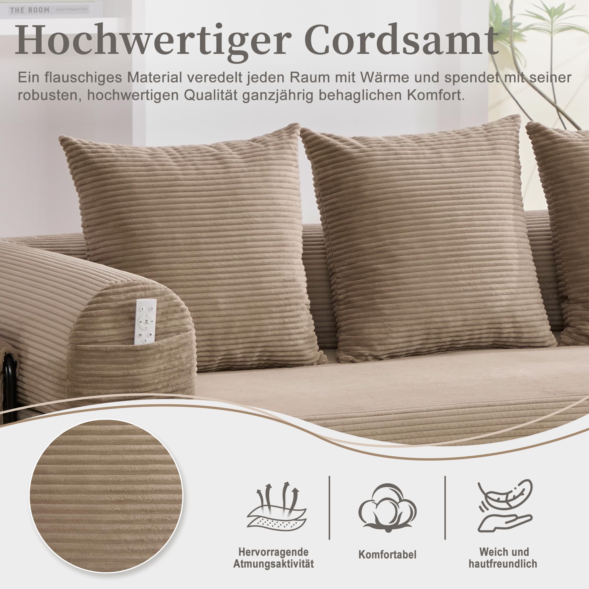 Sofá modular, sofá sin huesos, sofá cama, sofá con función de dormir, plegable, con estructura de metal robusta, bolsillos laterales + 3 cojines, 200×94×67cm (Jaque)