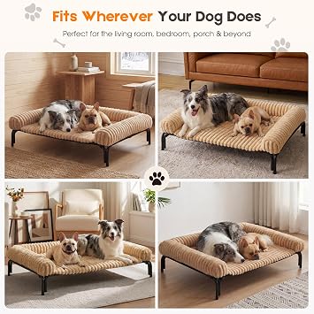Elevated Dog Bed with Removable Fluffy Pillow Cushion, Raised Pet Cot Washable Bolster, Dog Couch Sofa, Anti Slip Feet, Breathable Mesh, Khaki, 49