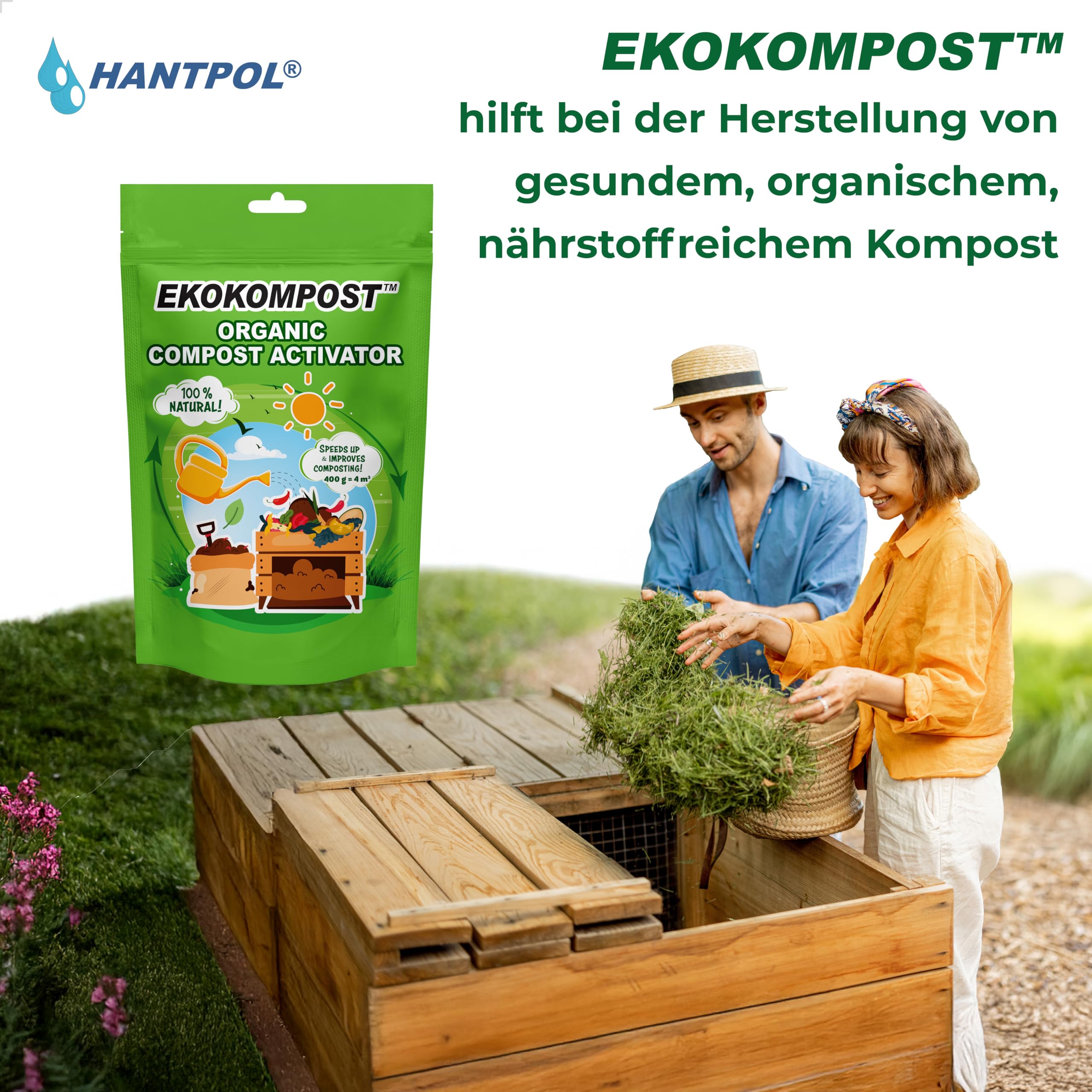 EKOKOMPOST Kompostbeschleuniger - Natürliche Mikrobiologische Kompostierhilfe - Schnellere Kompostierung durch Nutzbakterien - Für alle Kompostbehälter - 2x 400g für 8.000 L/ 8m3 Kompost