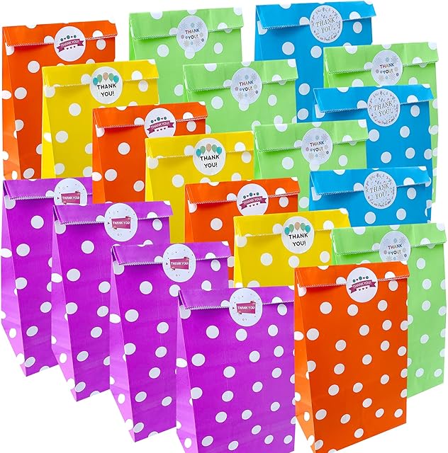 30 Pieces Paper Bags Party Bags 13cmx8cmx24cm Christmas Xmas Gift Bags Sweets Bags with 45pcs Label Stickers for Parties Weddings Birthday Celebrations, 5 Colors