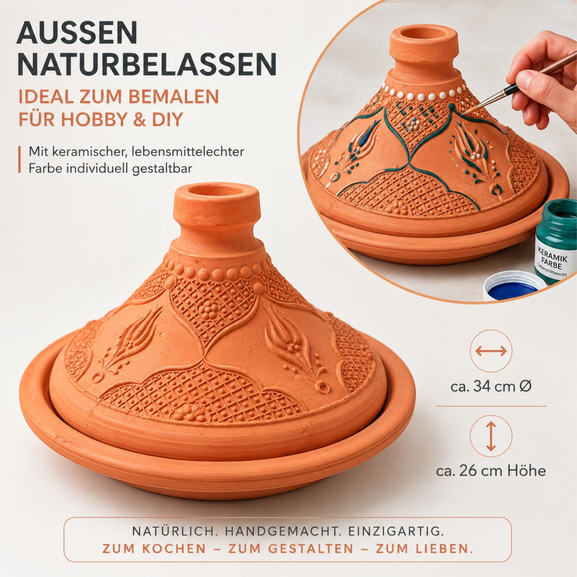 Tajine Schmortopf aus Ton, Granada Tontopf 29 cm, 3-5 Personen