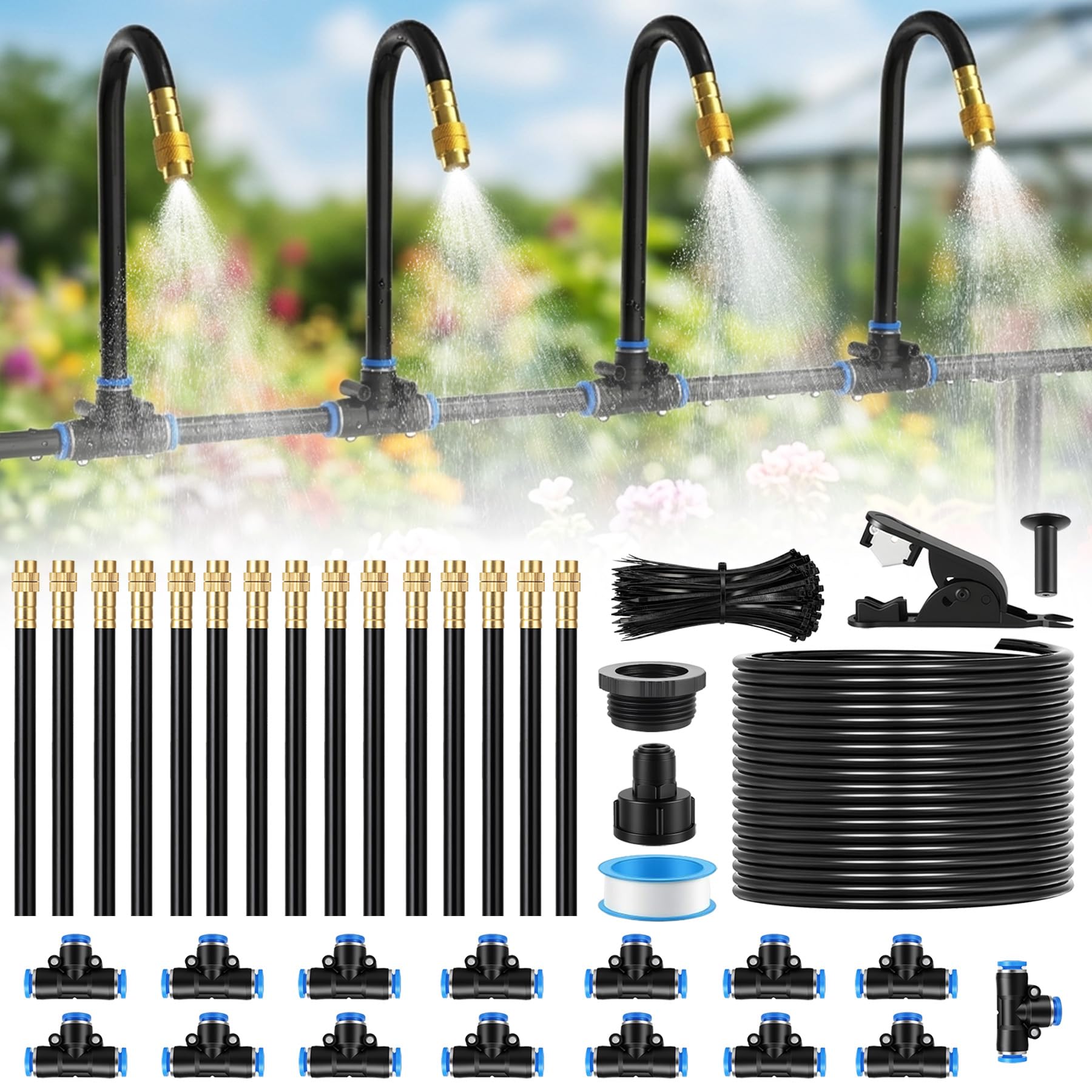 Kit de Riego Automático Aspersión y Goteo 360°, Boquilla de Latón Ajustable, Manguera 15m, 15 Puestos, Fácil Instalación para Jardín Balcón