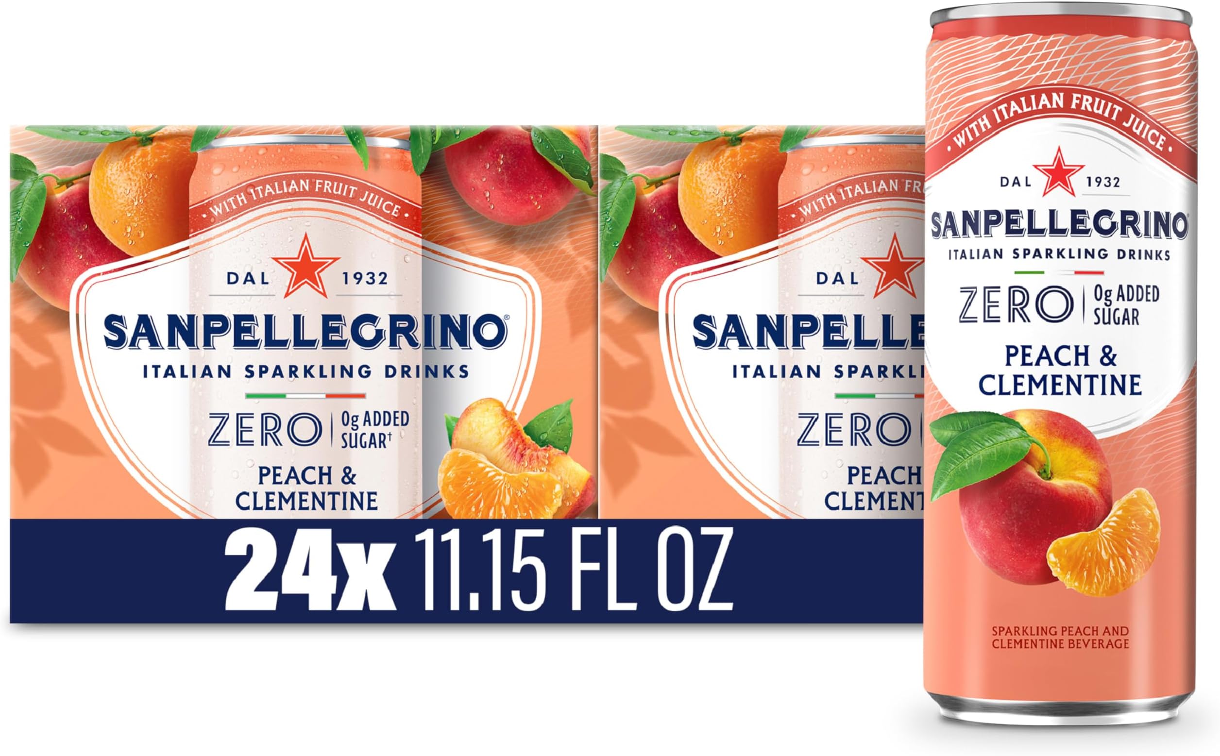 San Pellegrino Sanpellegrino Zero Grams Sugar Added Italian Sparkling Beverages, Clementine Peach Sparkling Drink, 11.15 Fl Oz (Pack of 24)