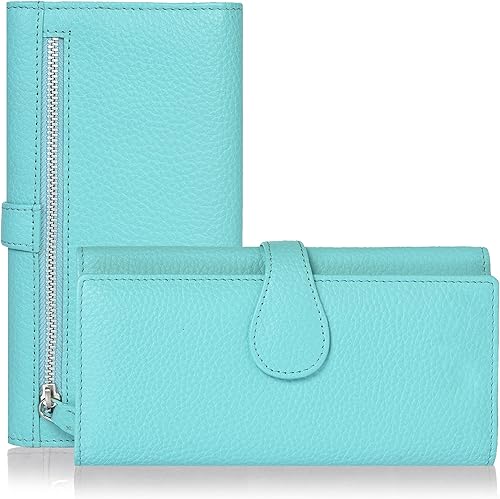 Cartera de cuero genuino para mujer de cuero con bloqueo RFID - Tarjetero triple de diseñador para damas tipo clutch con ventana de identificación,