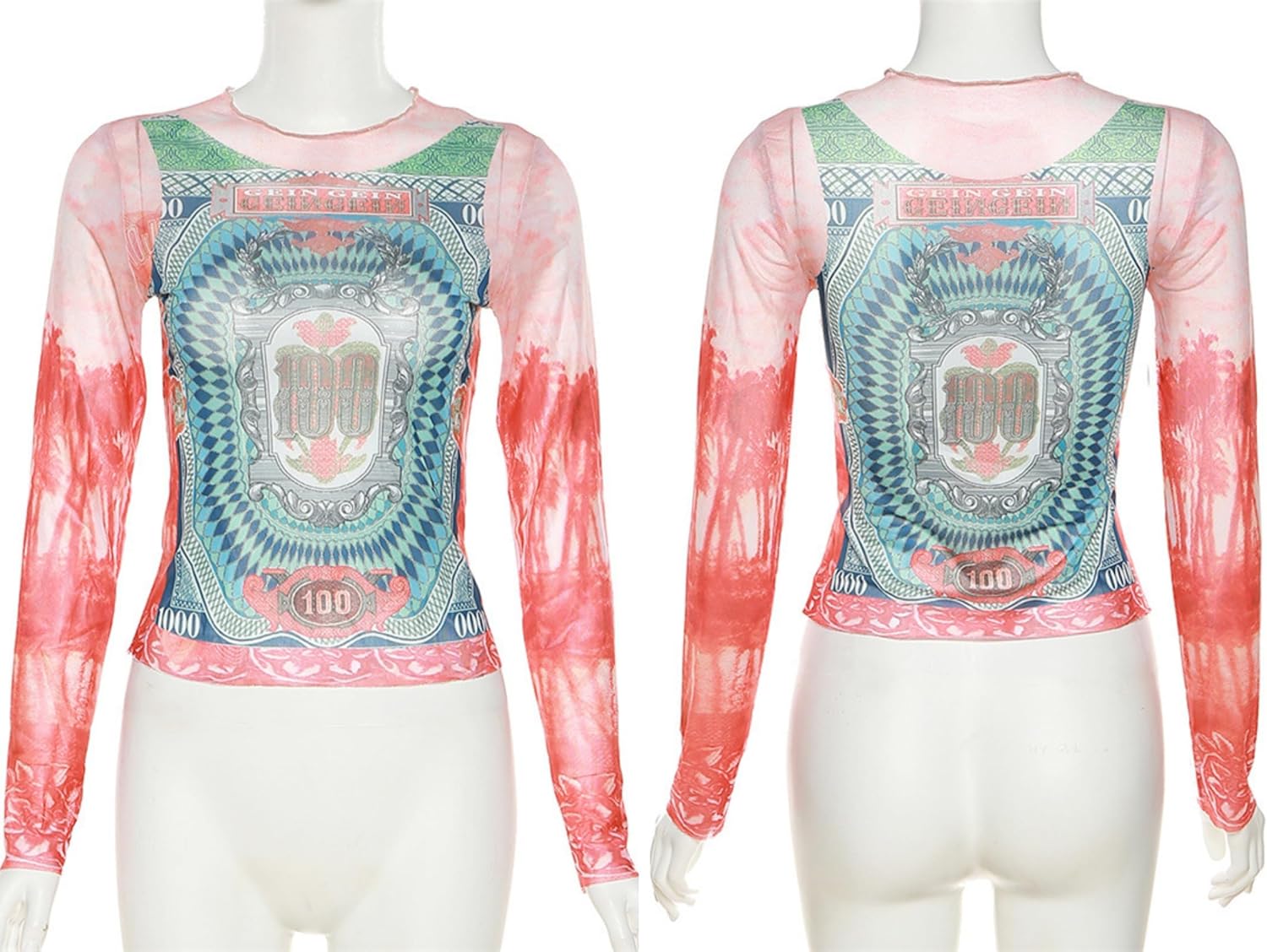 Women's Sexy Mesh See Through T Shirt Fashion Money Print Long Sleeve Crop Top Slim Tee Tops - Image 6