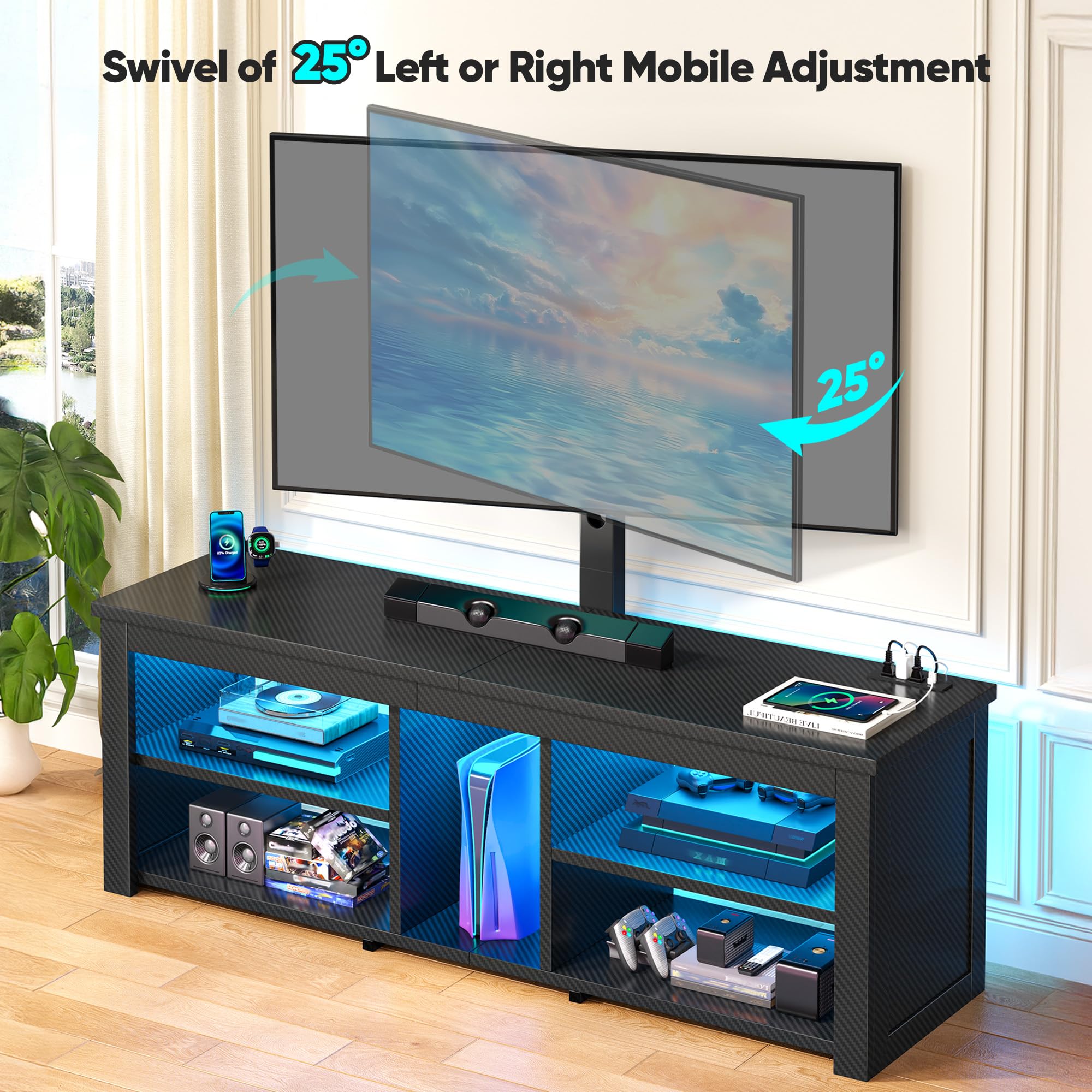 TV Stand with Mount and LED Lights Swivel TV Stand for 70 inch TV Modern Wood Entertainment Center with Power Outlet for Living Room, Gaming Console for Bedroom, Carbon Fiber Black