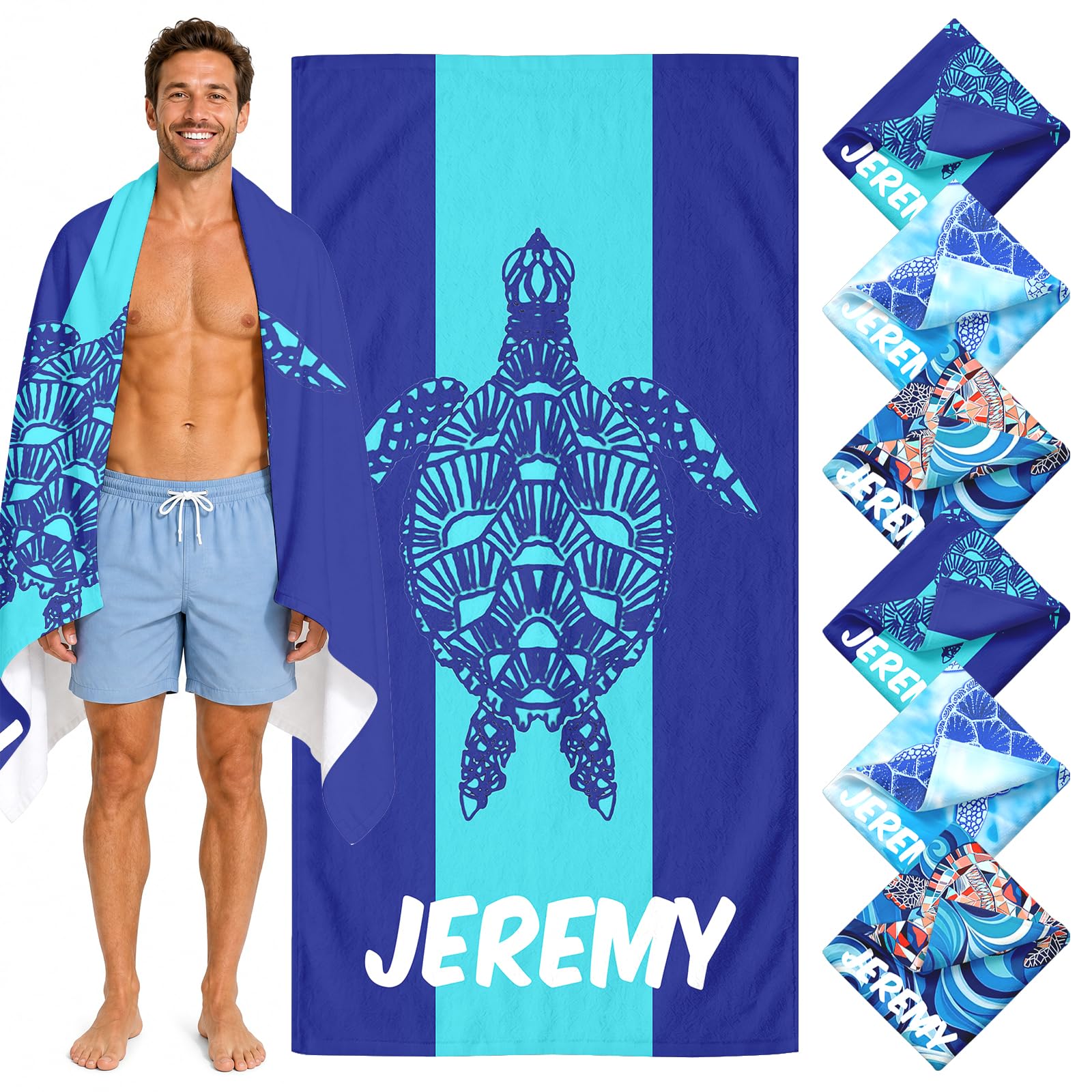 Loosusu Personalised Beach Towels for Kids Adults - Custom Blue Beach Towels with Names- Customised Sand Free Quick Dry Bath/Pool/Beach Towel for Boys Girls Women Men Beach(Turtle-F) โ image 1