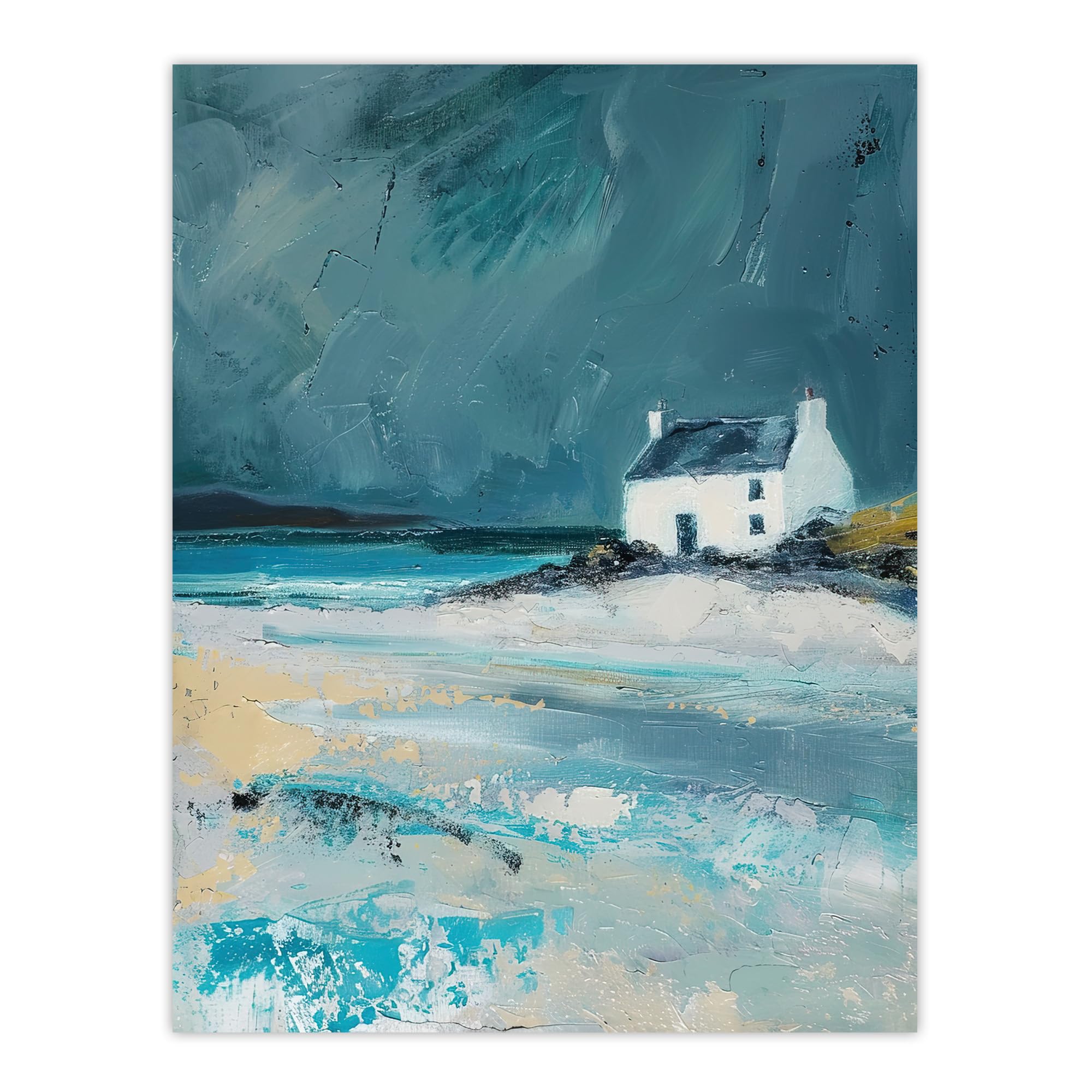 Artery8 White Scottish Cottage Coastal Hills Oil Painting Living Room Large Wall Art Poster Print Thick Paper 18X24 Inch