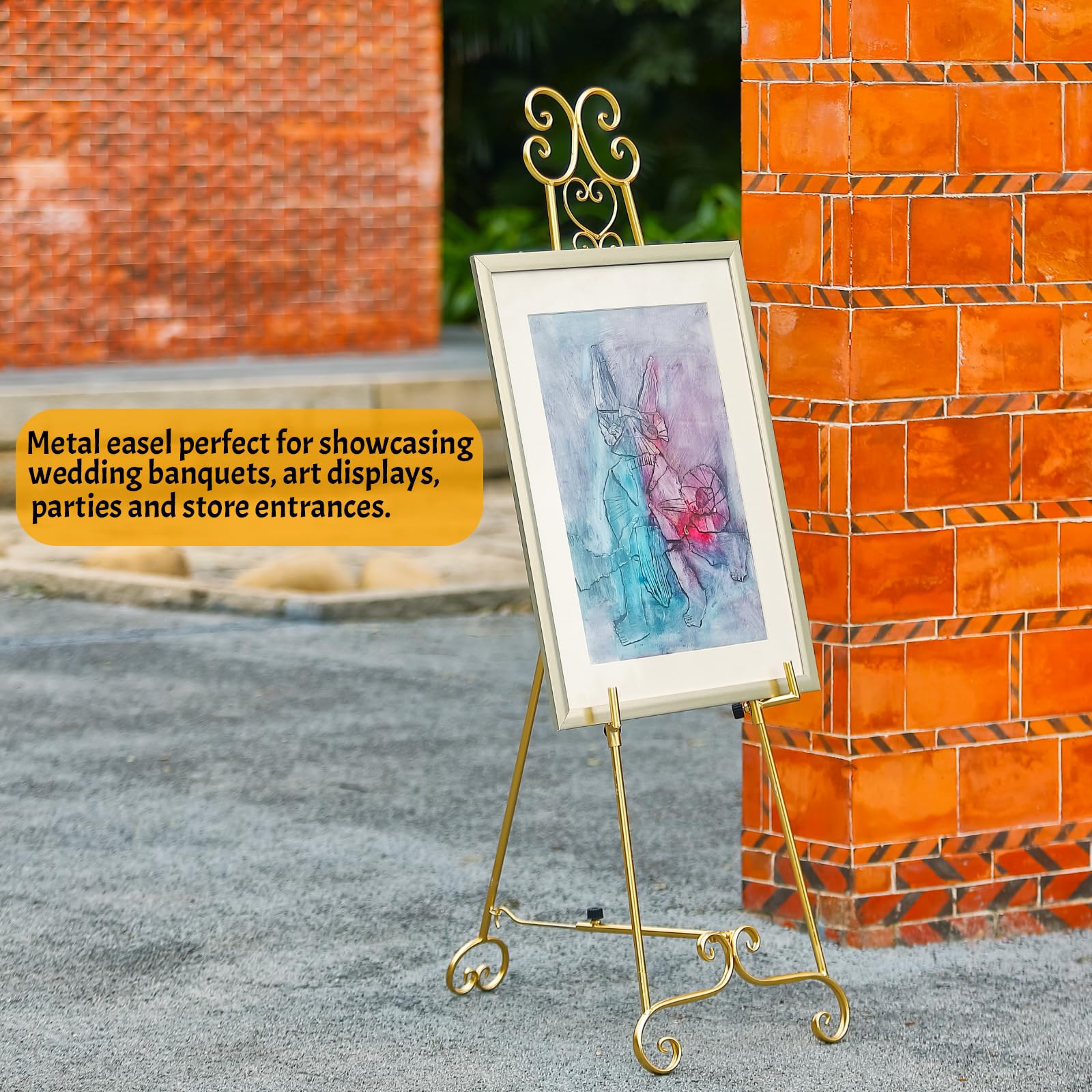 Metal Large Free Standing Adjustable Display Stand Scroll Easel with Chain Support, Gold Easel Stand for Sign, Heavy Duty Easel for Mirror, Wedding, Picture Frame (No Installation Required)