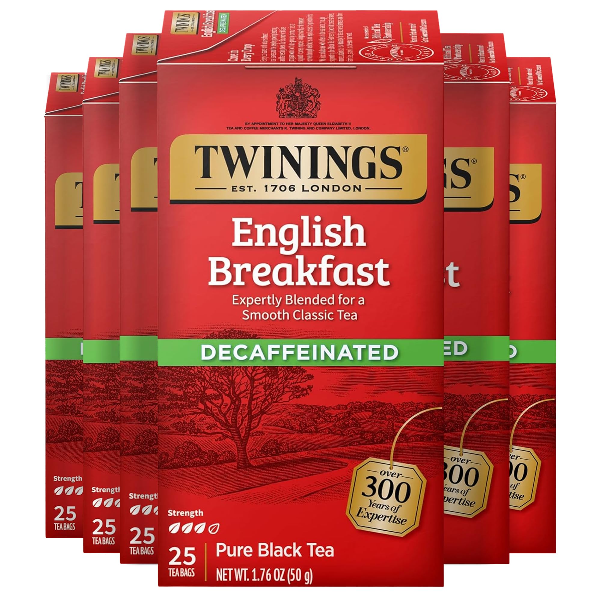 Twinings Decaffeinated English Breakfast Black Tea Individually Wrapped Bags, 25 Count (Pack of 6), Flavourful, Robust, Enjoy Hot or Iced, 150 Teabags Decaf English Breakfast 25 Count (Pack of 6)