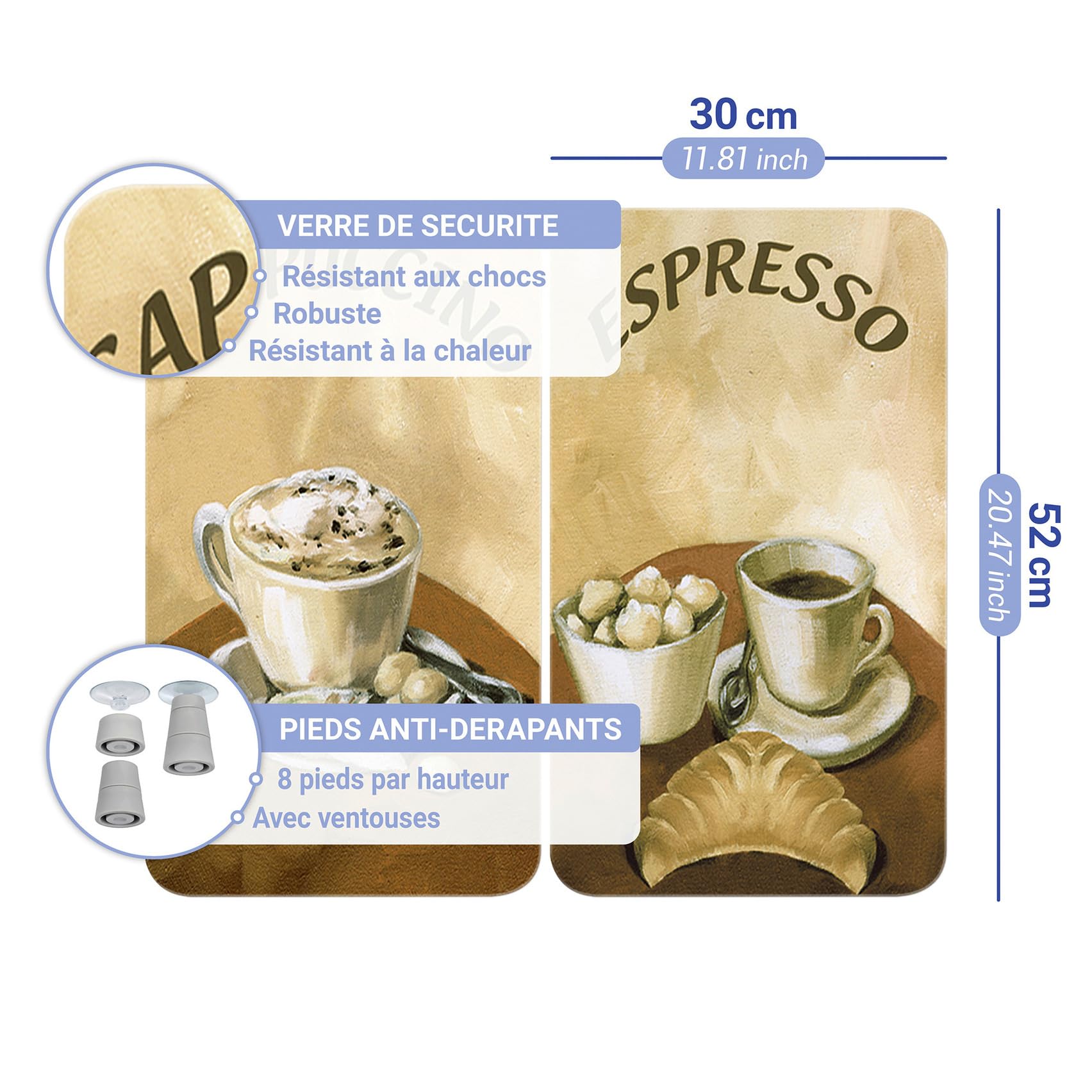WENKO Protection plaque de cuisson "Café" en verre trempé | Pour toute plaque | Couvre plaque de cuisson, planche à découper, extension plan de travail | Lot de 2 | 52x30cm | Multicolore