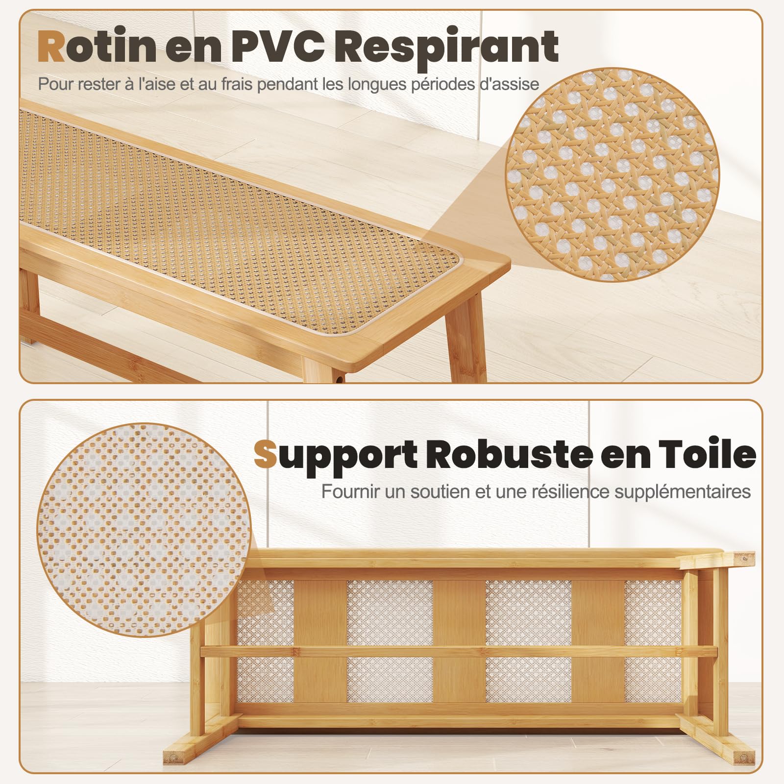 COSTWAY Banc de Salle à Manger en Bambou, Assise en Rotin PVC, Banquette pour 2 Personnes, Patins Antidérapants, Banc Interieur pour Cuisine Entrée Bout de Lit, Charge 300 kg, 100 x 35 x 45 cm