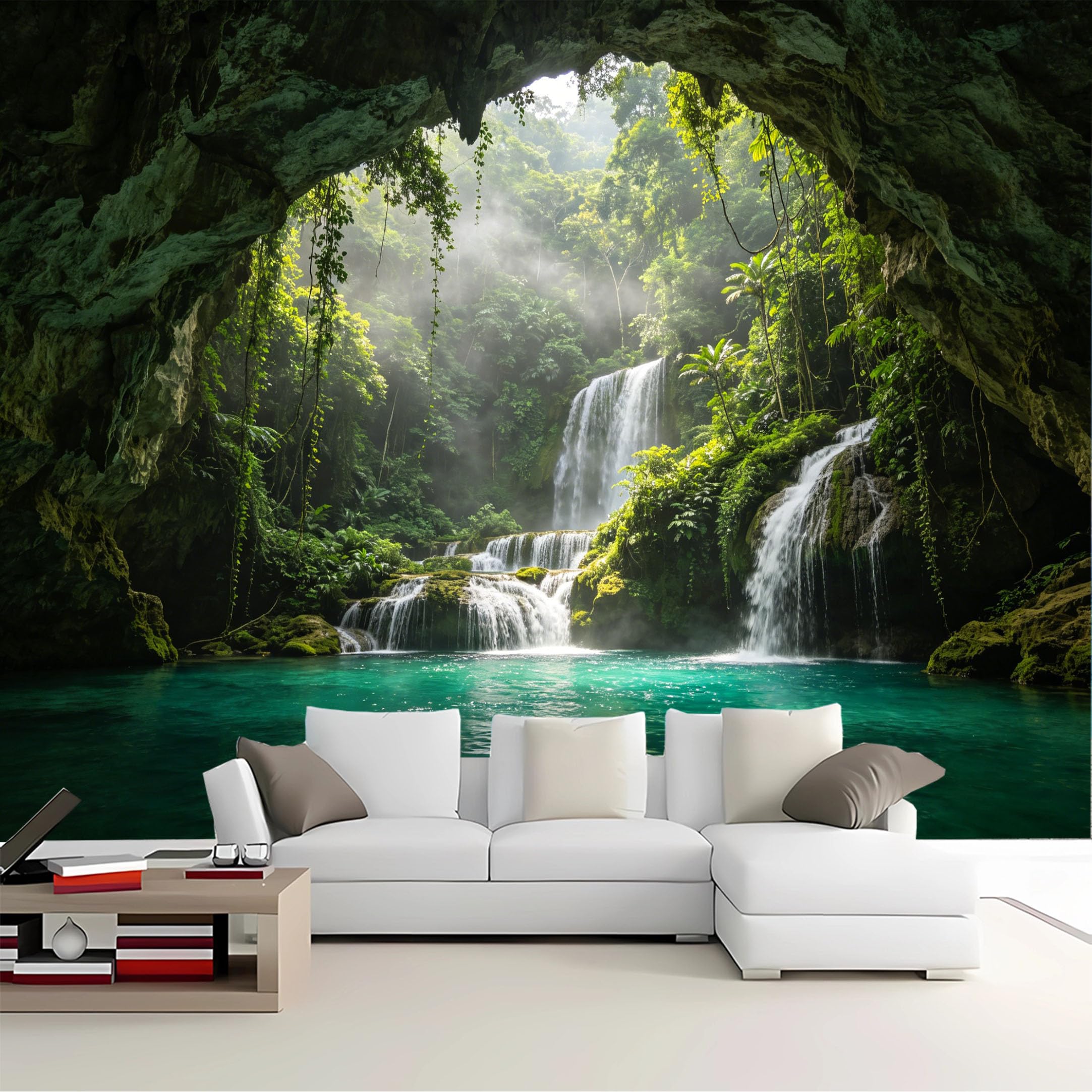 Custom Size Wall Mural Cave View Tropical Waterfall Lagoon Removable Self Adhesive Peel and Stick Wallpaper for Bedroom Living Room Dining Room