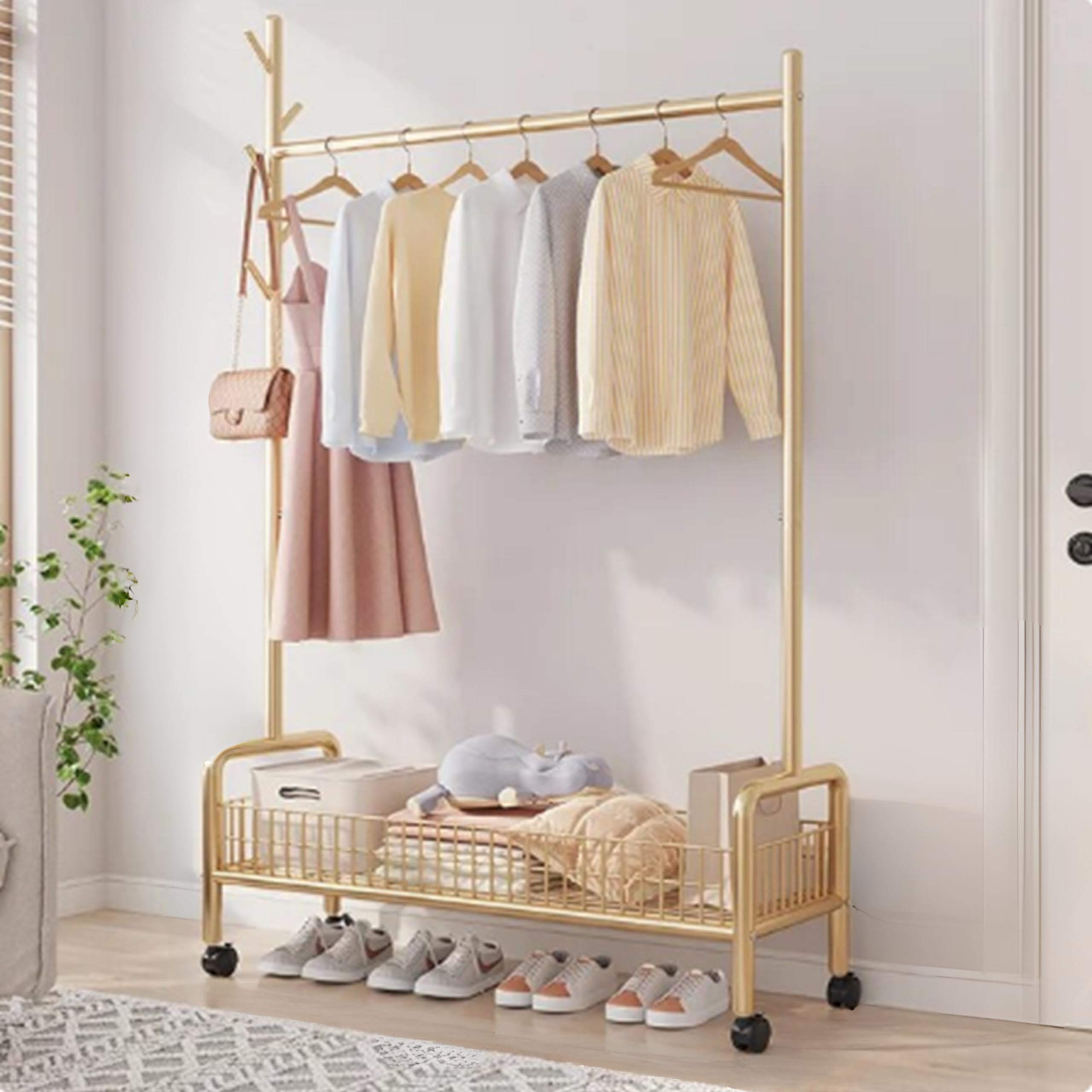 Lukzer | MGR-003 | Gold | Metal Clothes Hanging Stand with Wheels, Bottom Shelf & Single Rod – Stylish Garment Rack & Cloth Organizer for Entryway, Dressing Room & More | 173 x 110 x 35 cm