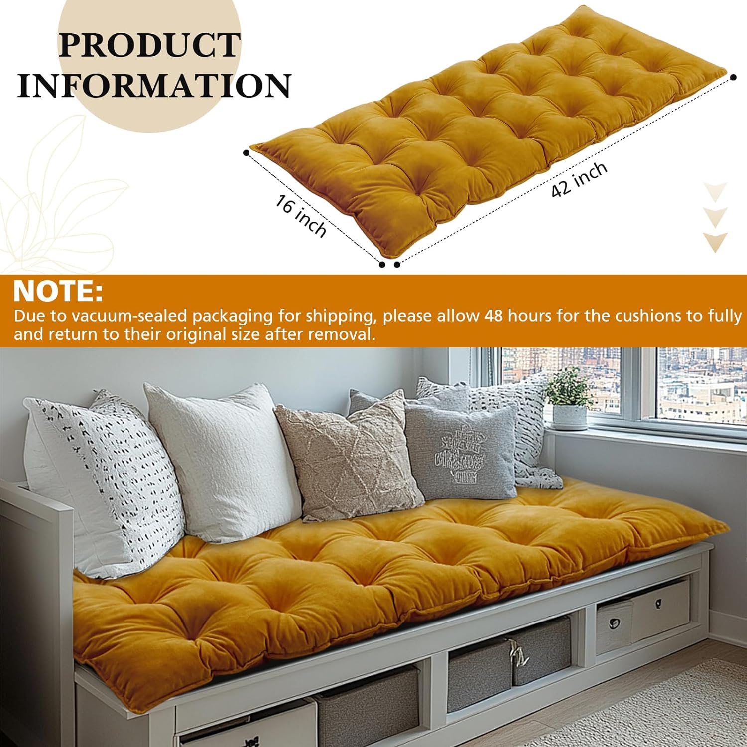 bench cushion for indoor furniture 42x16 in velvet thicken indoor window seat cushion, soft piano sofa, entryway storage, bay window tufted patio porch swing bench pad memory foam(turmeric) turmeric 42x16 in